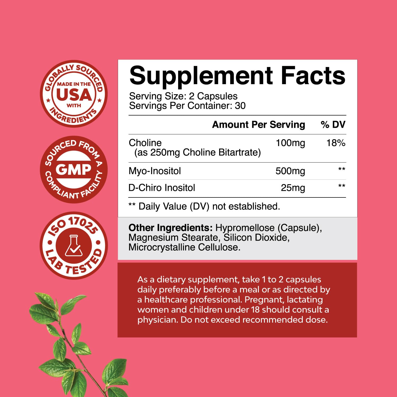 Natures Craft Myo Inositol capsules supplement facts label