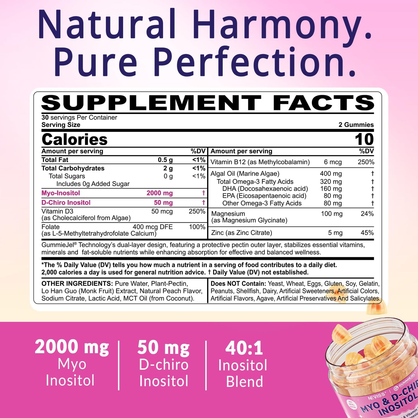 Neviss sugar free inositol gummies showing 40 to 1 optimal ratio ingredient facts label