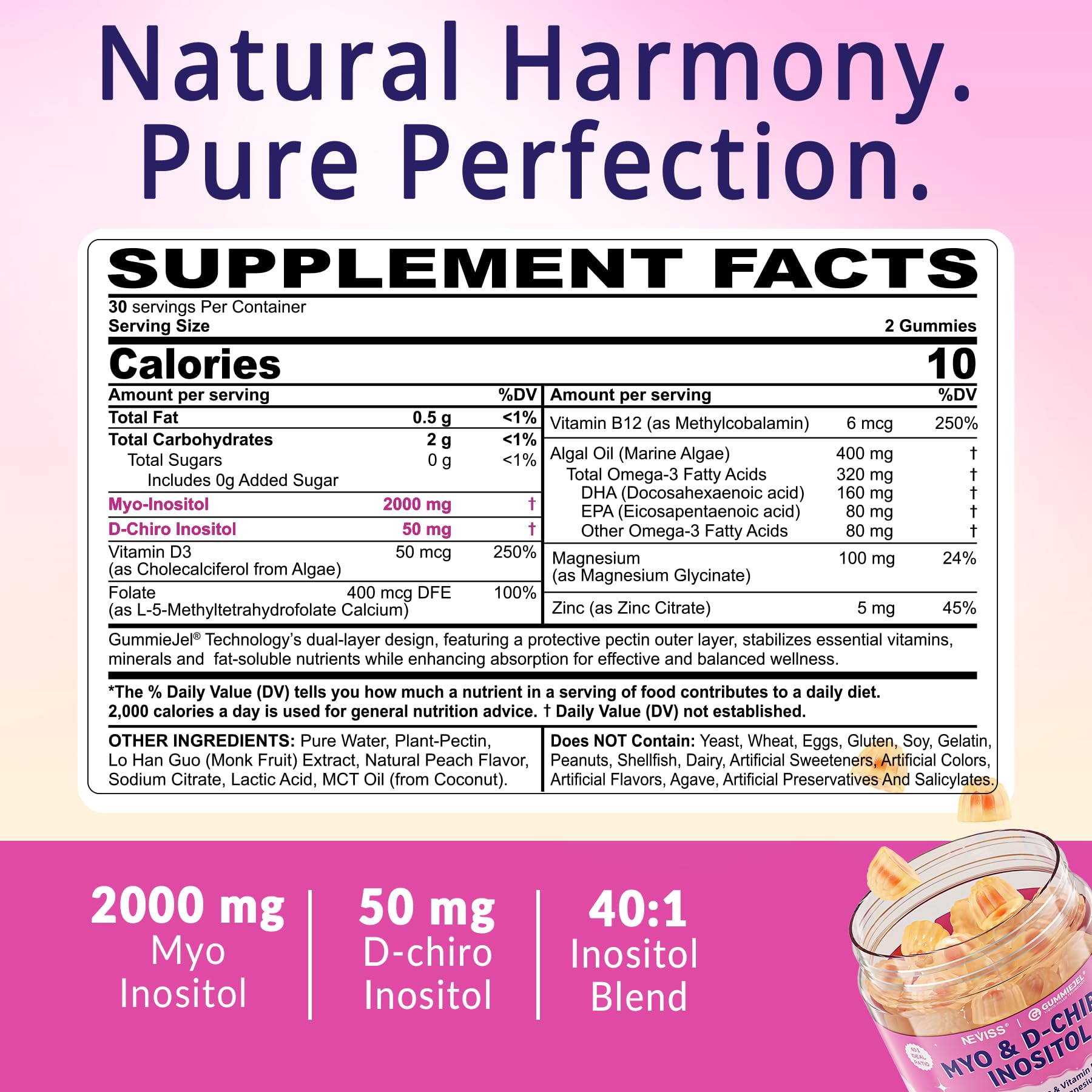 Neviss sugar free inositol gummies showing 40 to 1 optimal ratio ingredient facts label