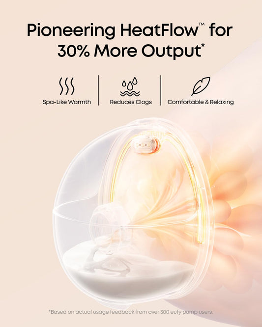 Eufy E20 wearable breast pump showing HeatFlow technology