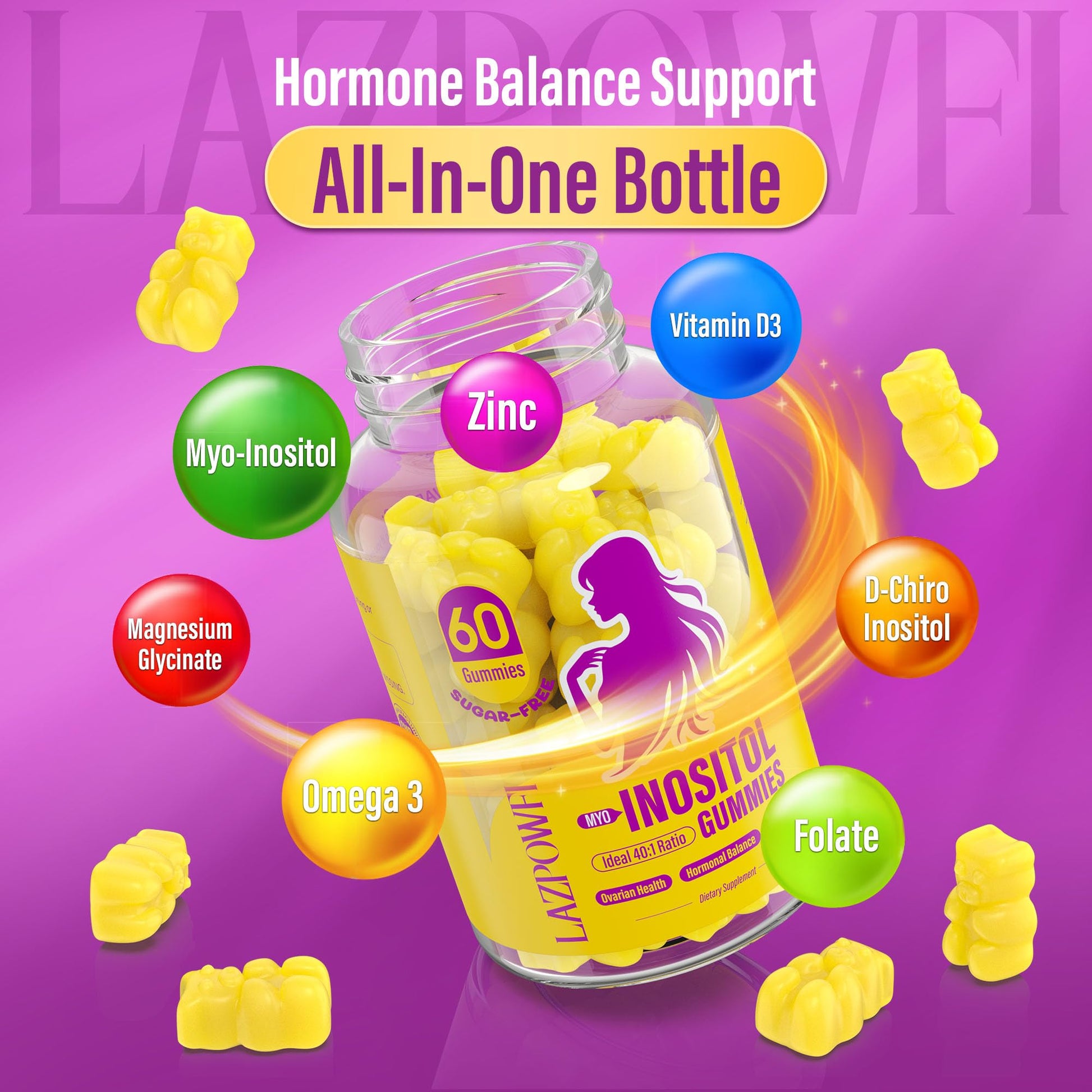 Lazpowfi pineapple flavored chewable gummies with Omega 3 and Vitamin D3 for women.