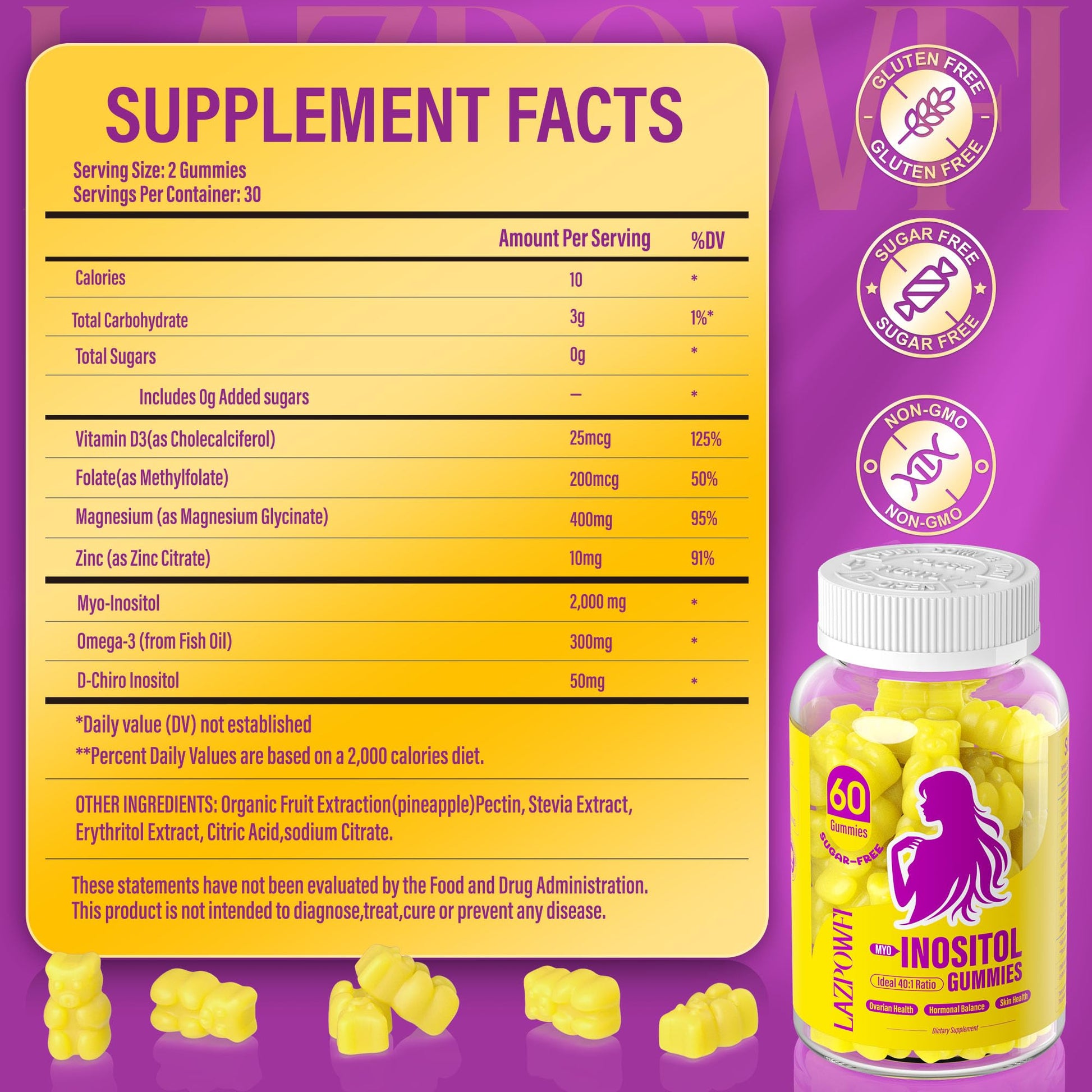 Lazpowfi PCOS health supplement bottle with 60 count chewable gummies.