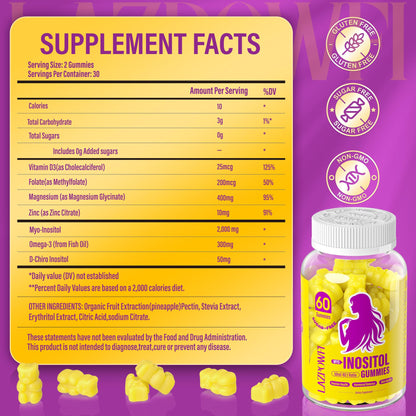 Lazpowfi PCOS health supplement bottle with 60 count chewable gummies.