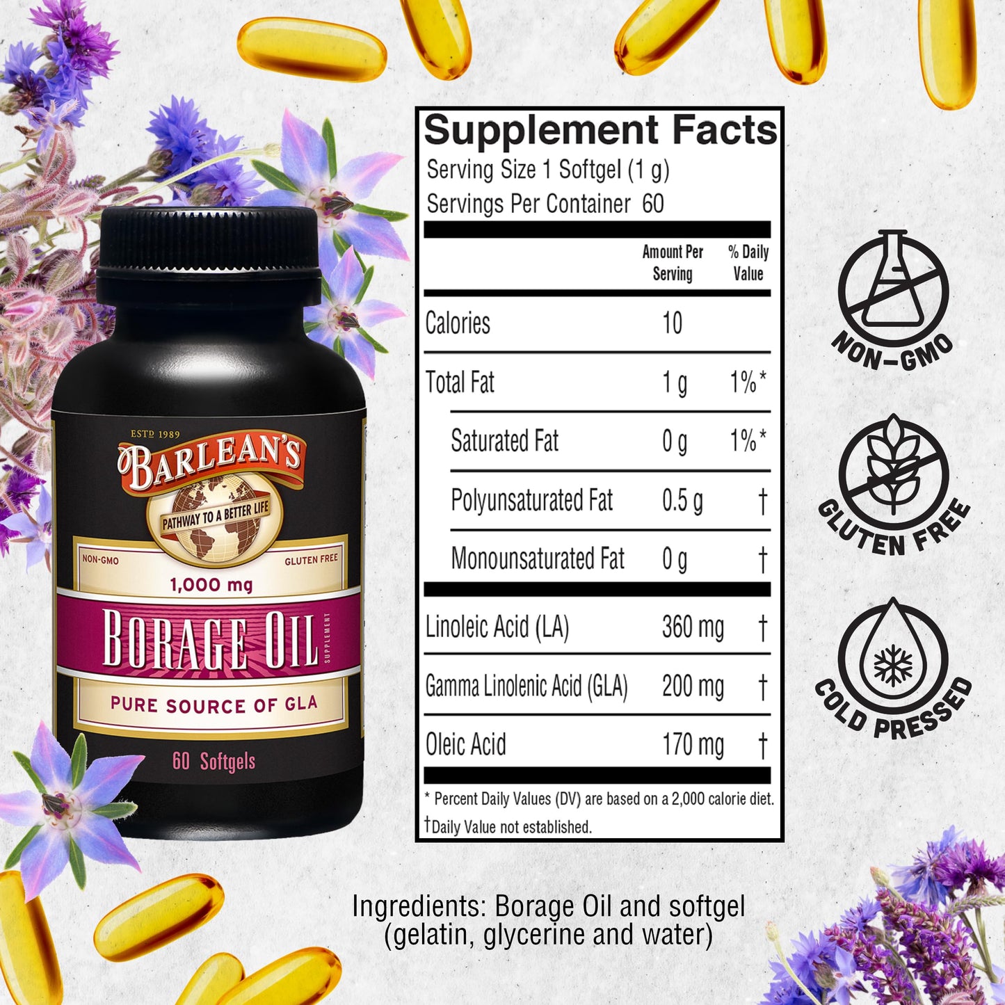 Authentic USA imported Barlean's Borage Oil packaging