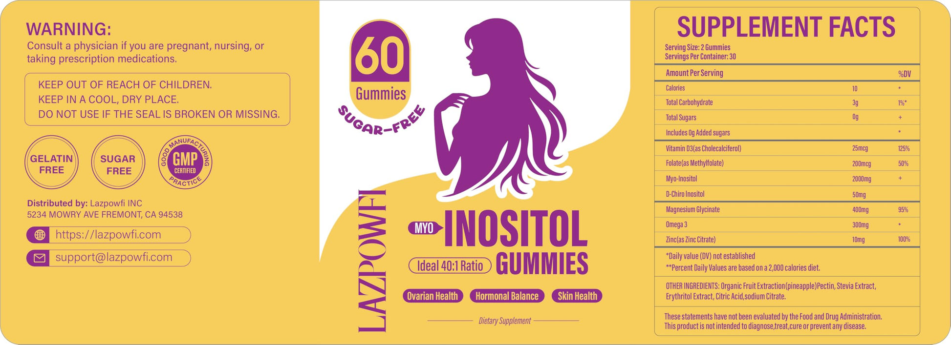 Lazpowfi women's ovarian health gummies package showing natural pineapple flavor.