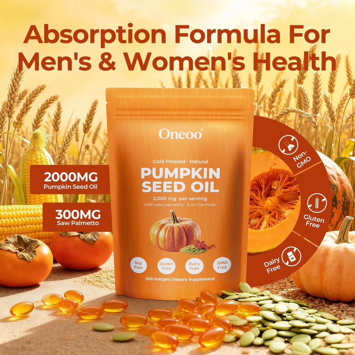 Onznoz Oneoo Pumpkin Seed Oil pouch showing key ingredients and cold pressed benefits