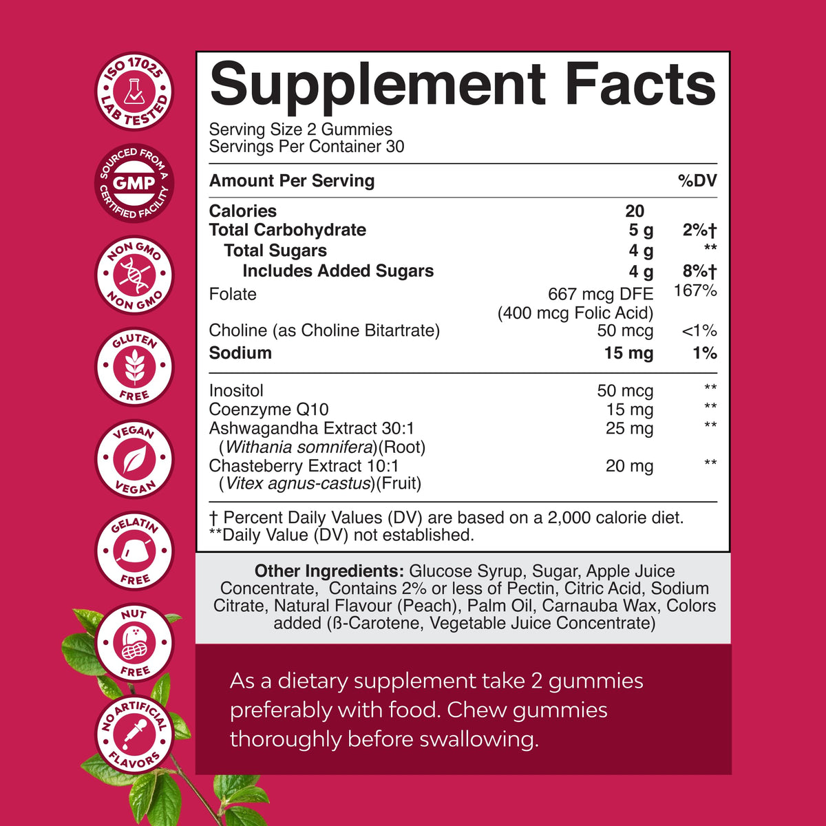 Nature's Craft premium prenatal support vegan gummies nutritional information label.