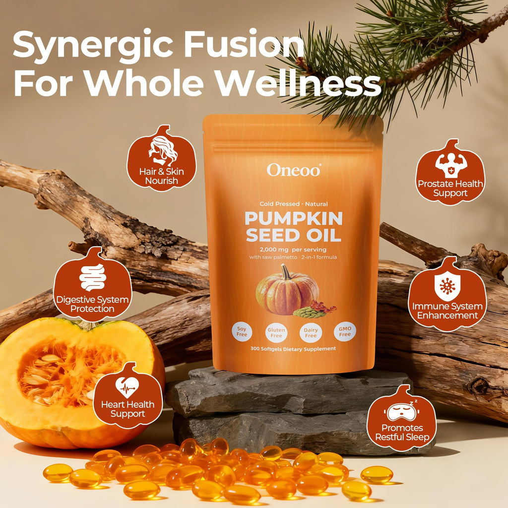 Onznoz Oneoo Pumpkin Seed Oil 300 softgels complete product packaging showcase
