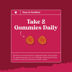 Top view of sixty peach flavored reproductive health gummies poured out.