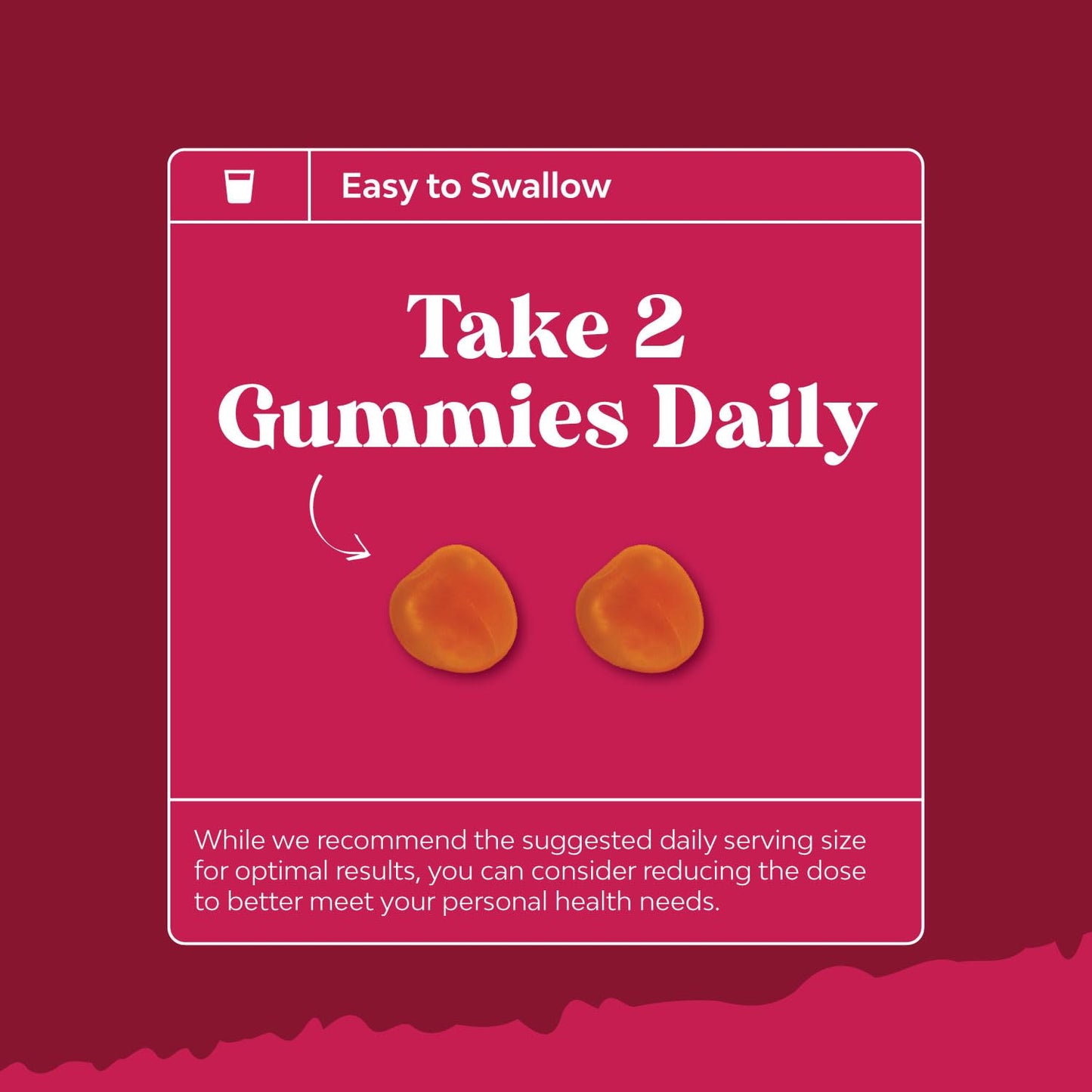 Top view of sixty peach flavored reproductive health gummies poured out.