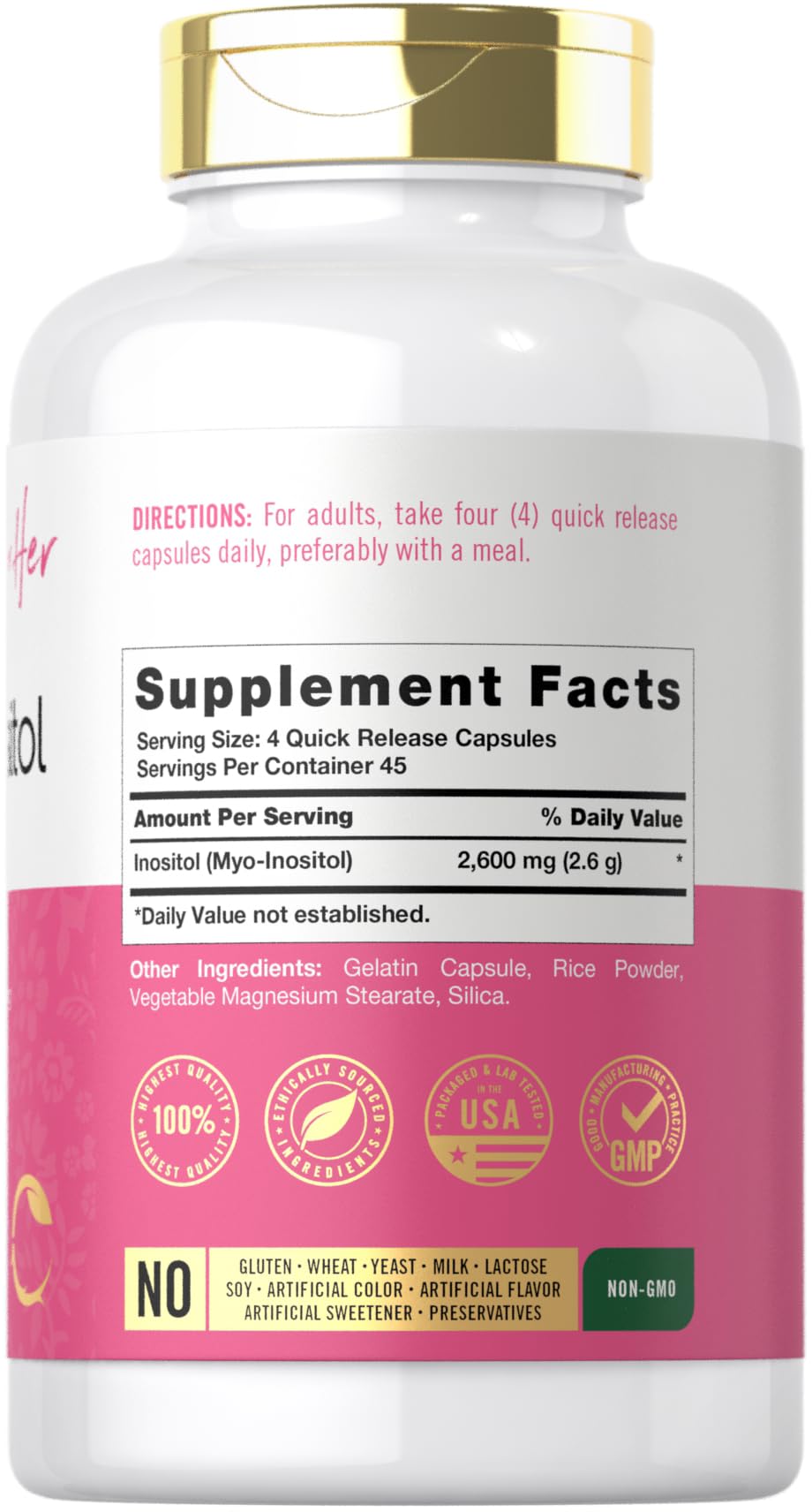 Carlyle Myo Inositol 180 capsule bottle side view showing supplement facts