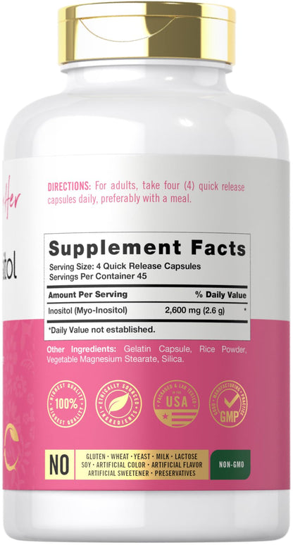 Carlyle Myo Inositol 180 capsule bottle side view showing supplement facts