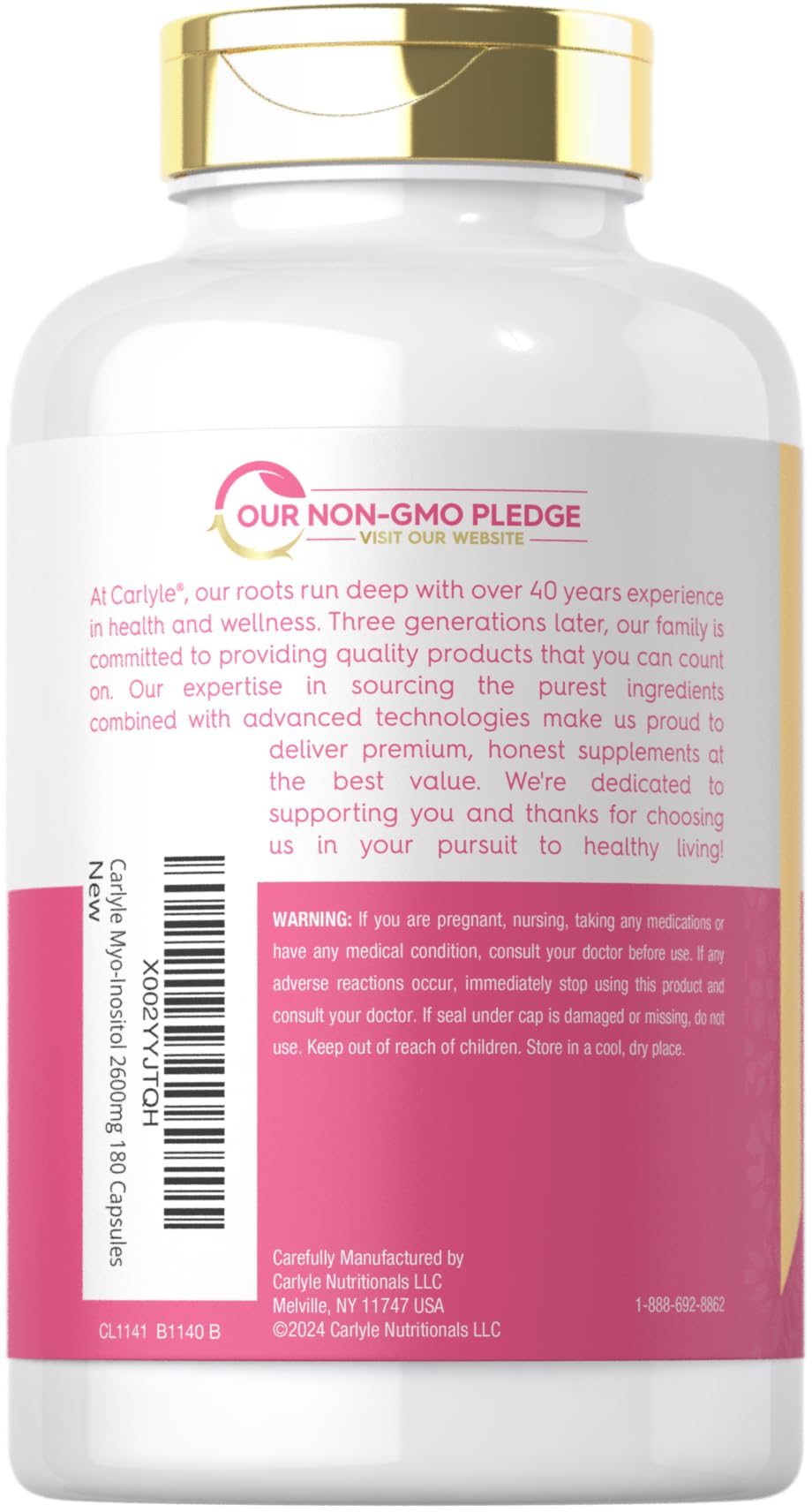 Carlyle Myo Inositol bottle label detail highlighting 2600mg strength