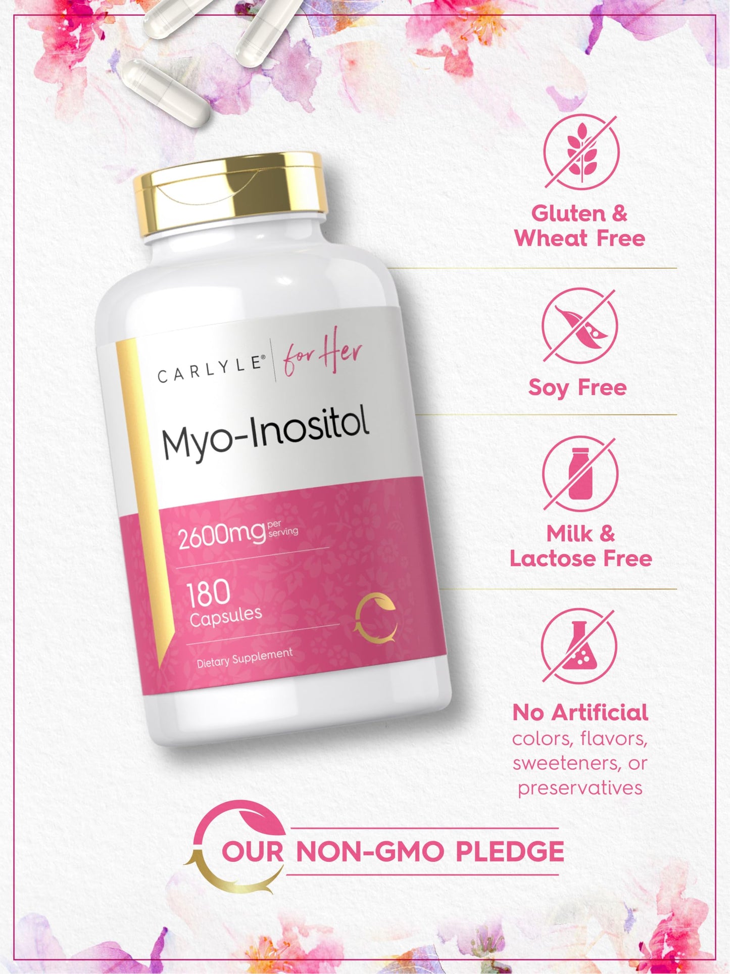 Close up of Carlyle Myo Inositol capsule count label