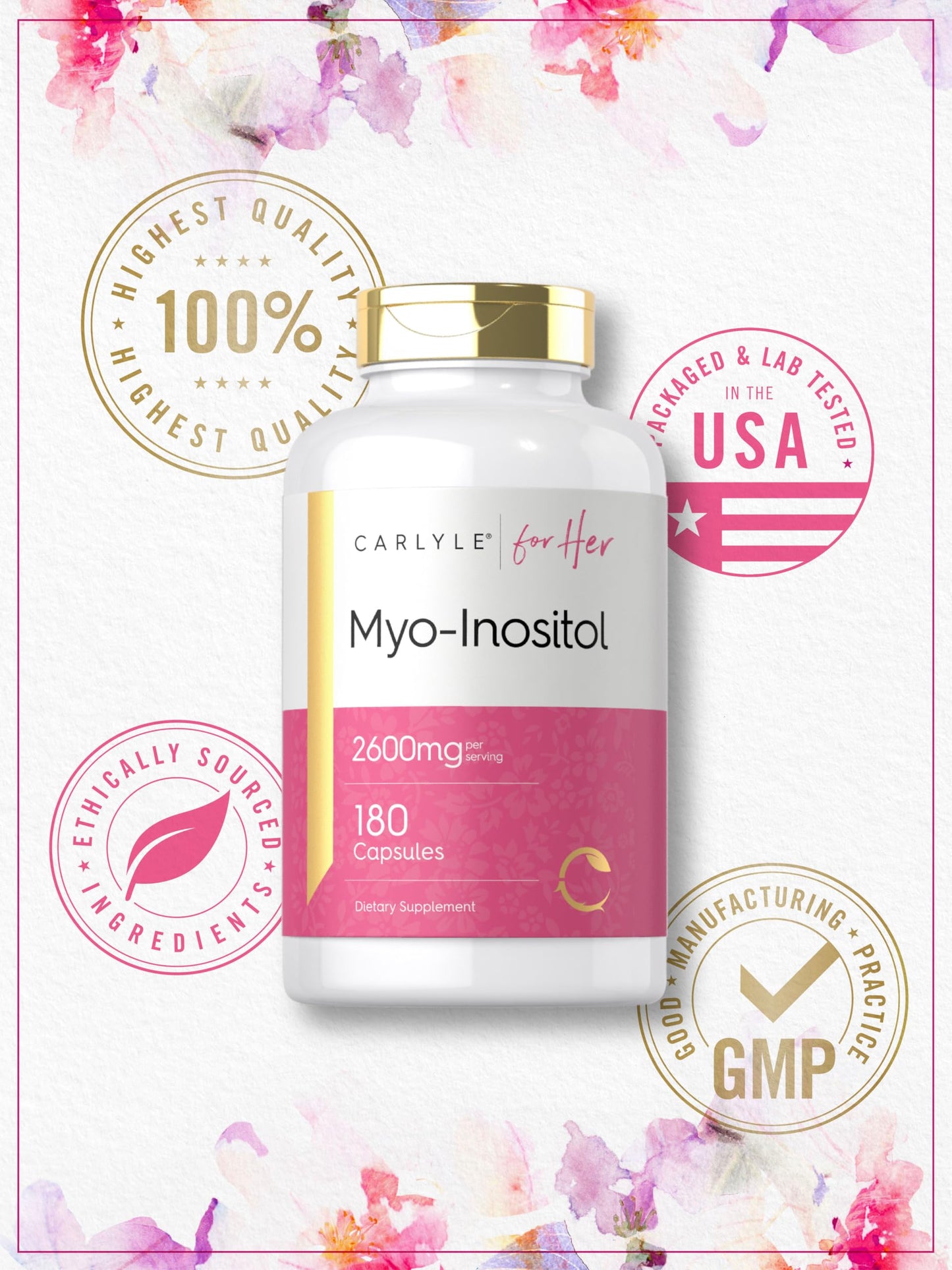 Carlyle Myo Inositol bottle dietary information and non-GMO certification