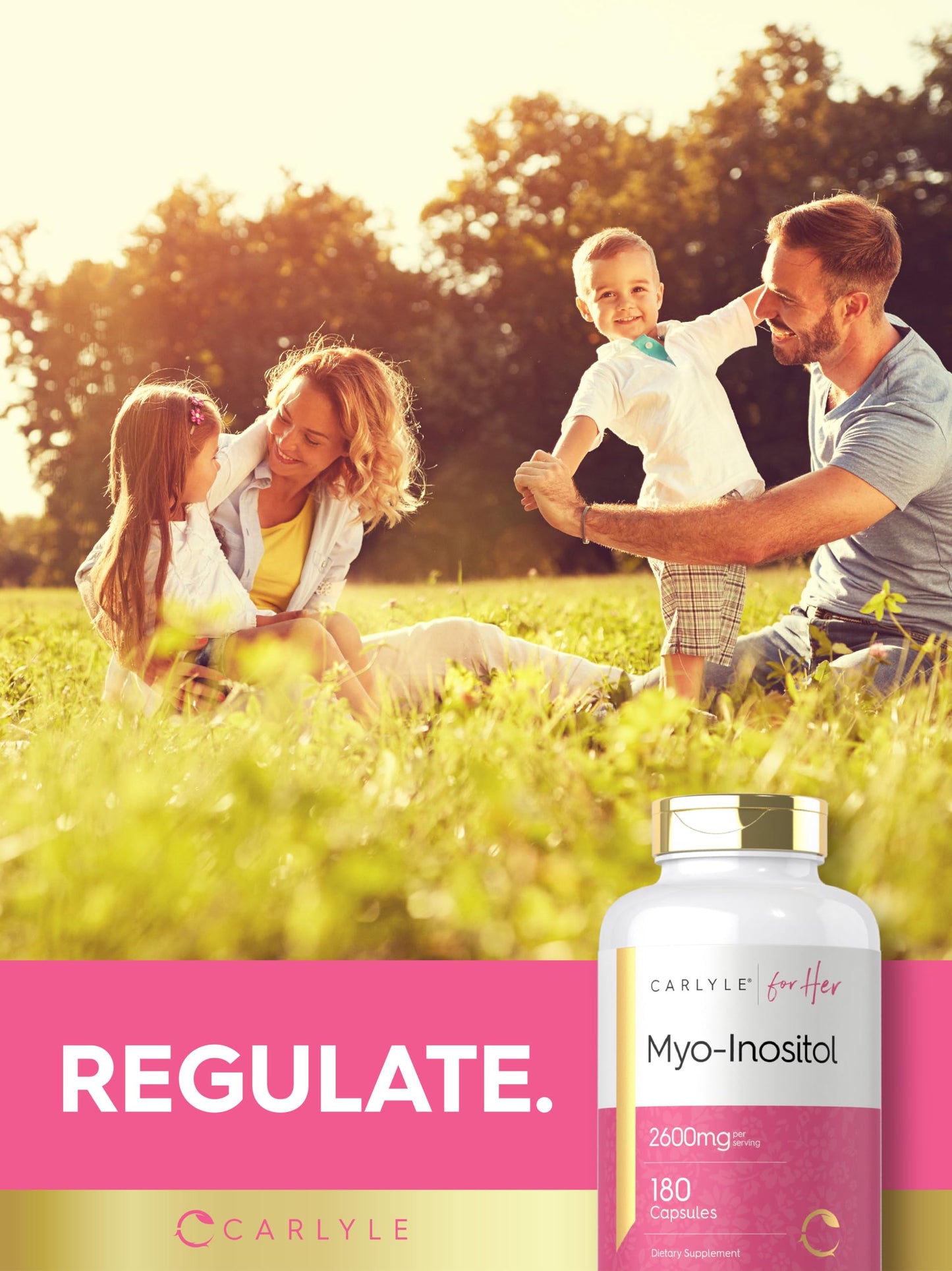 Professional studio shot of Carlyle Myo Inositol supplement bottle
