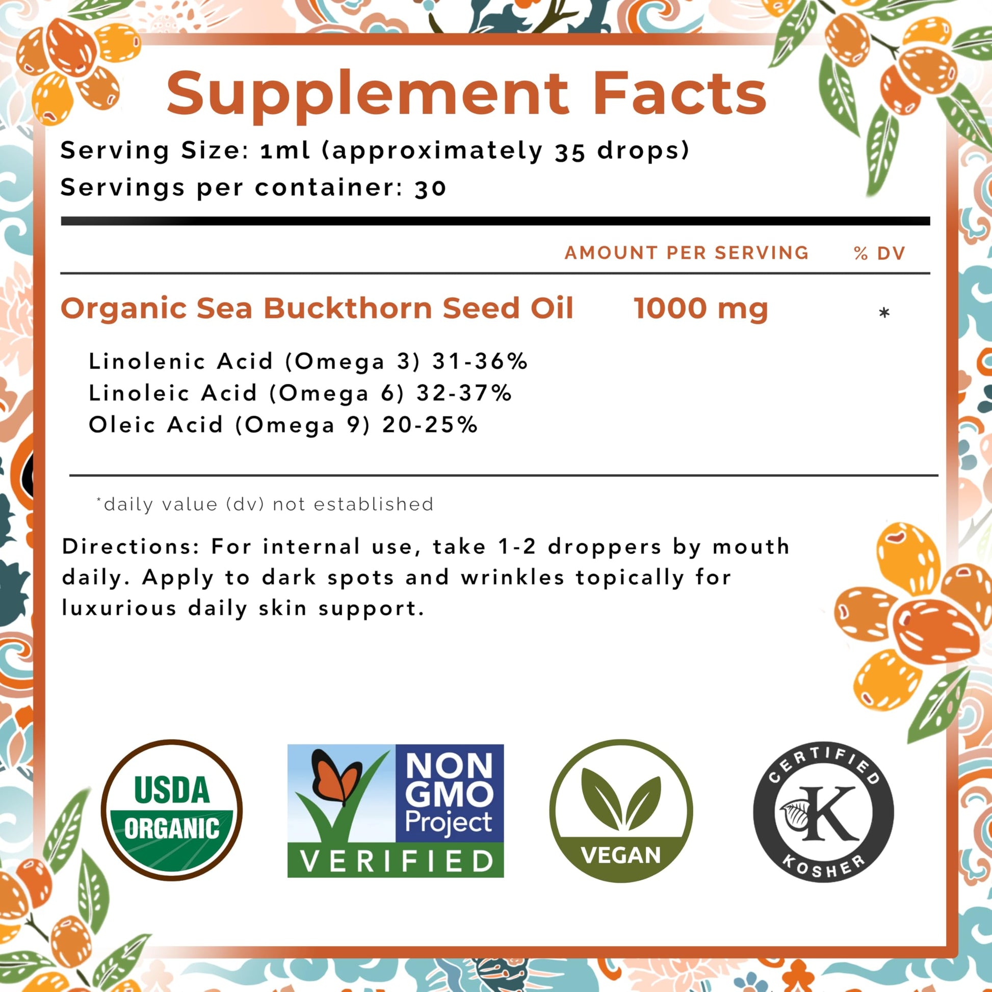 Seabuckwonders Organic Sea Buckthorn Seed Oil supplement facts label