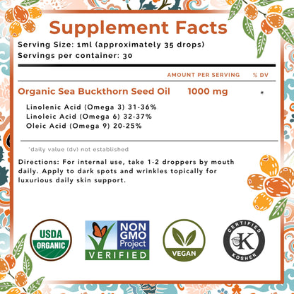 Seabuckwonders Organic Sea Buckthorn Seed Oil supplement facts label