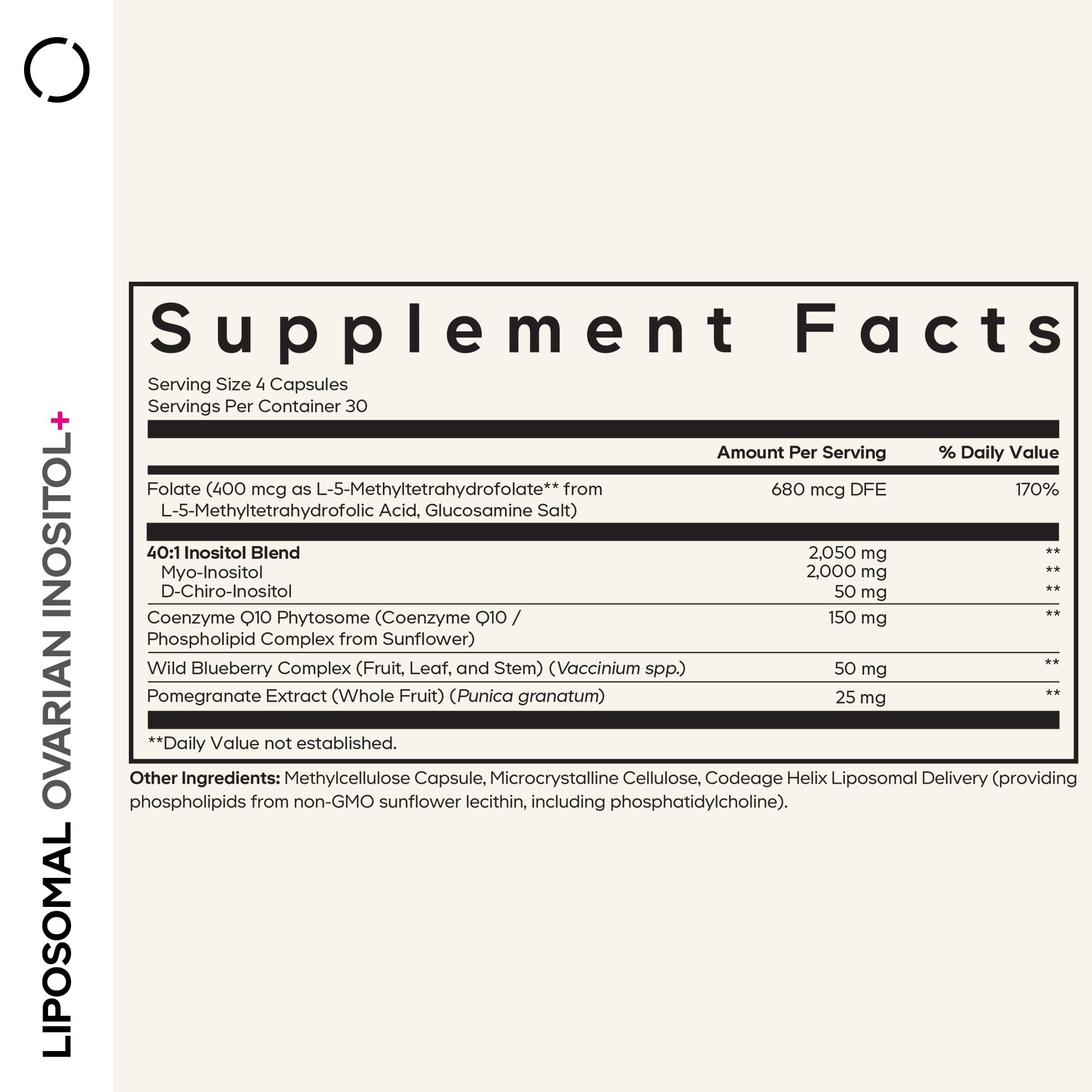 Codeage Liposomal Ovarian Inositol capsule nutritional label