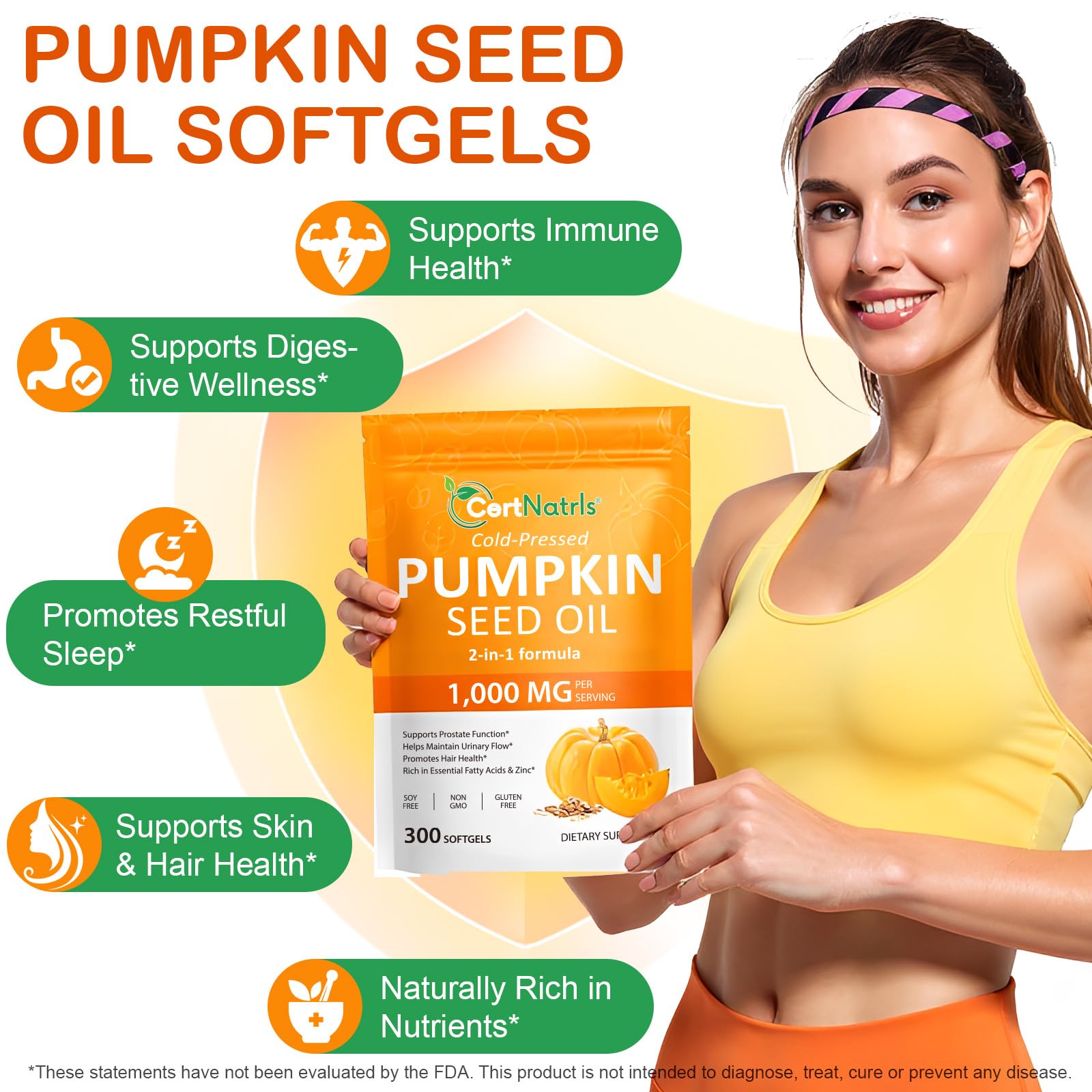 Close up of 300 softgels pumpkin seed oil and saw palmetto