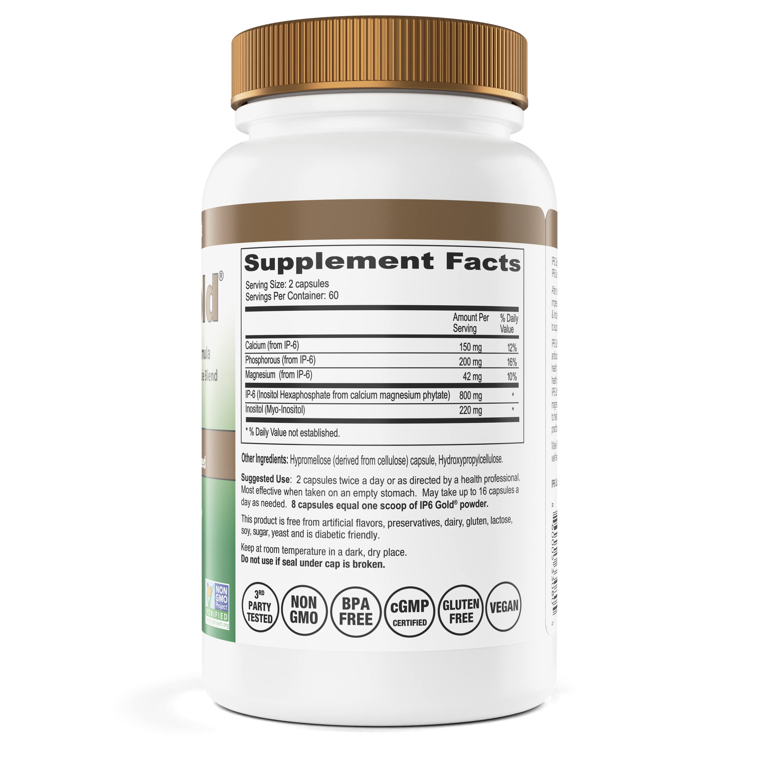 IP6 Gold supplement bottle displaying non-GMO and vegan certifications
