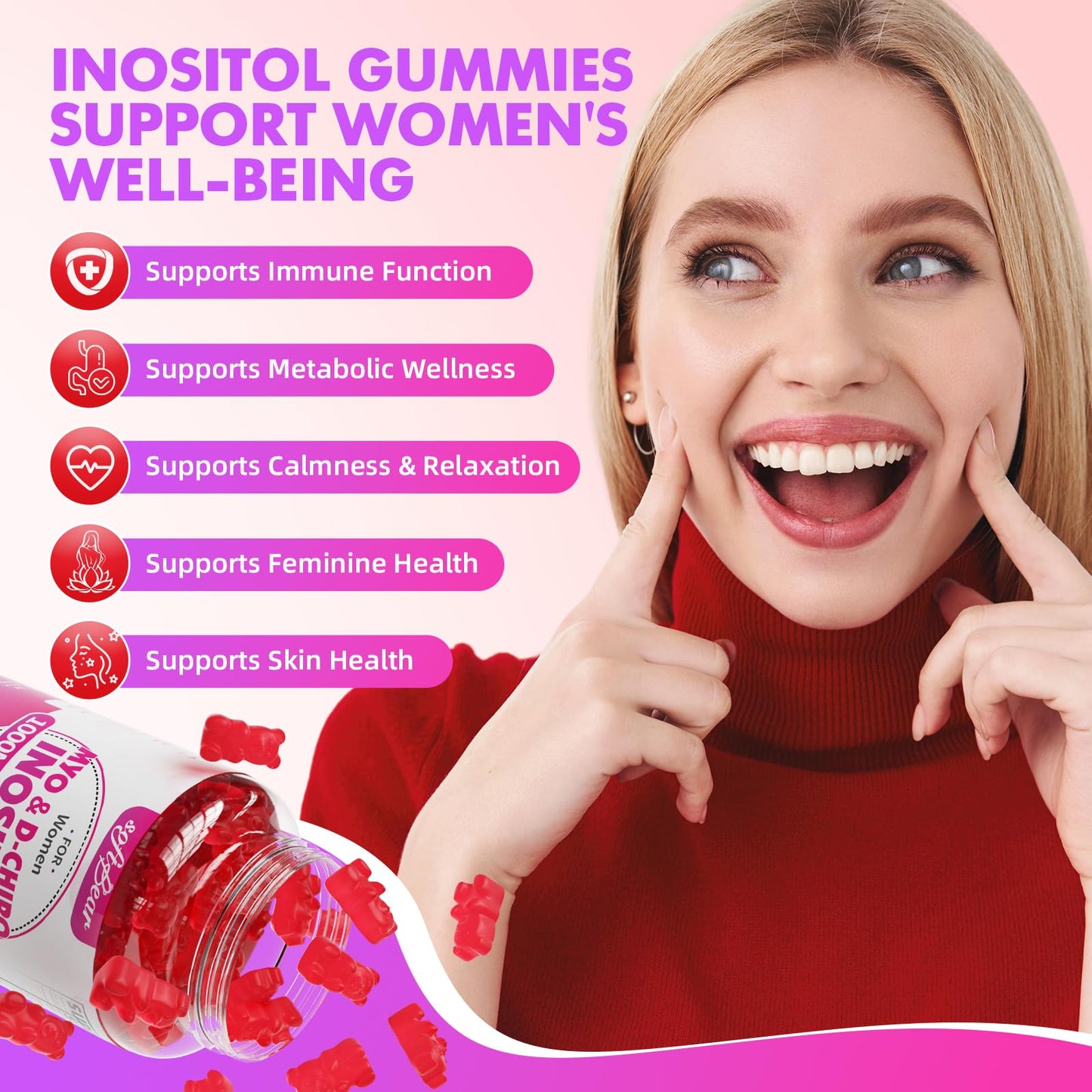 Close up of Softbear strawberry flavored chewable wellness supplements for women.
