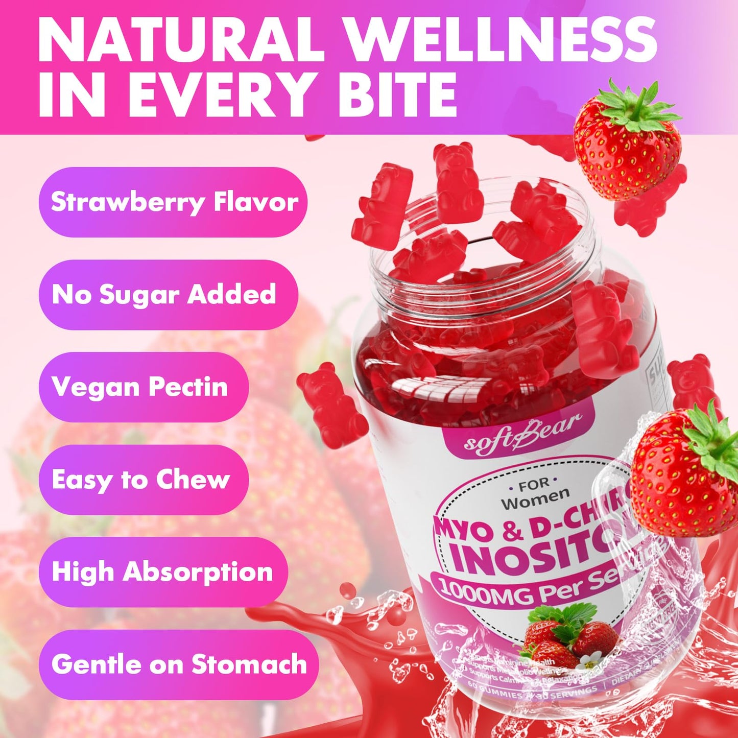 Authentic Softbear reproductive health supplement gummies container angle view.