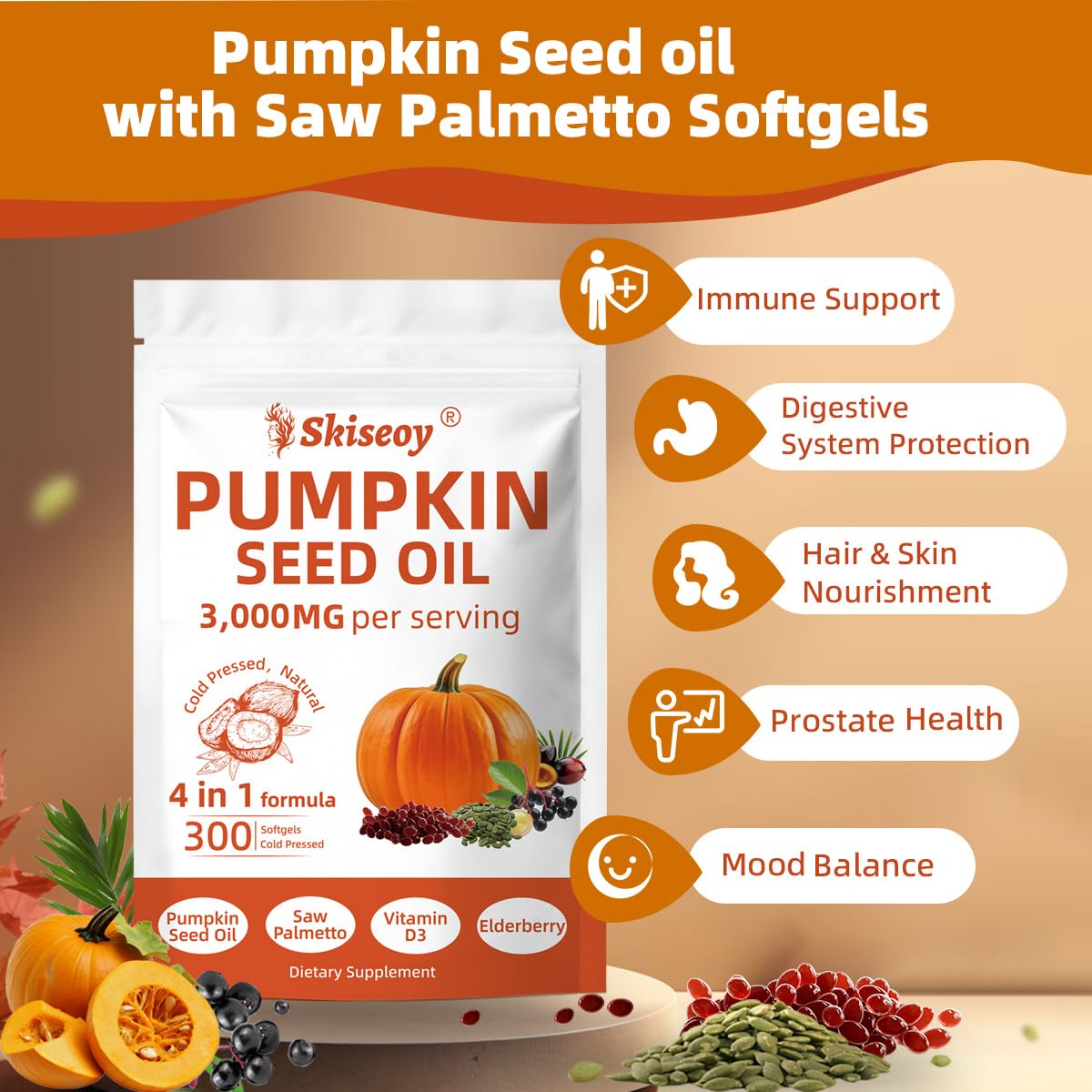 Supplement facts panel for Skiseoy pumpkin seed oil softgels