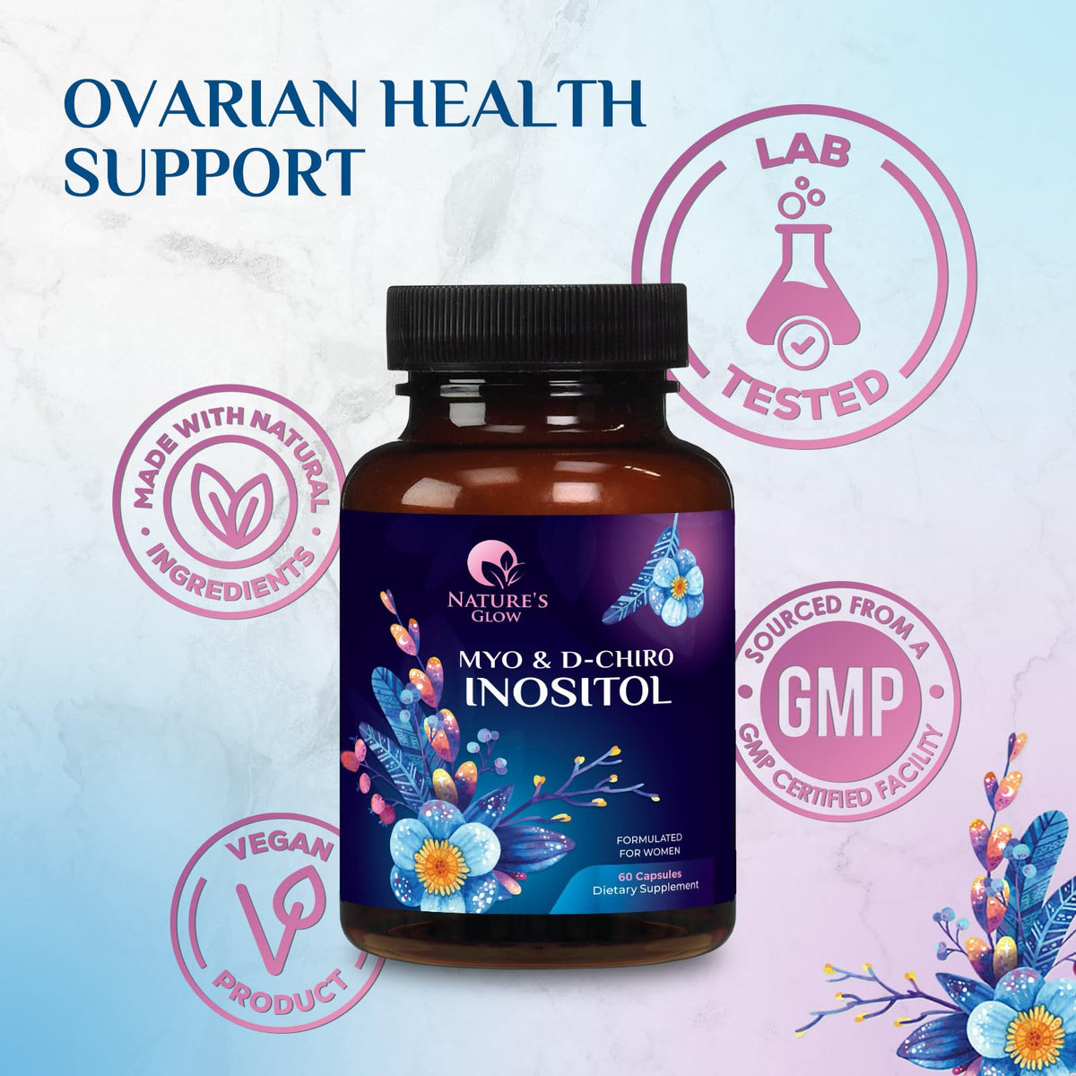Supplement facts label on Nature's Glow 40:1 ratio inositol bottle