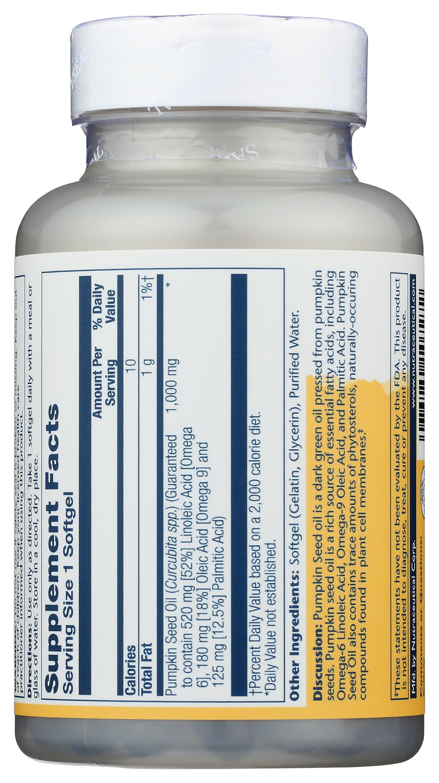 Solaray Pumpkin Seed Oil nutritional facts panel