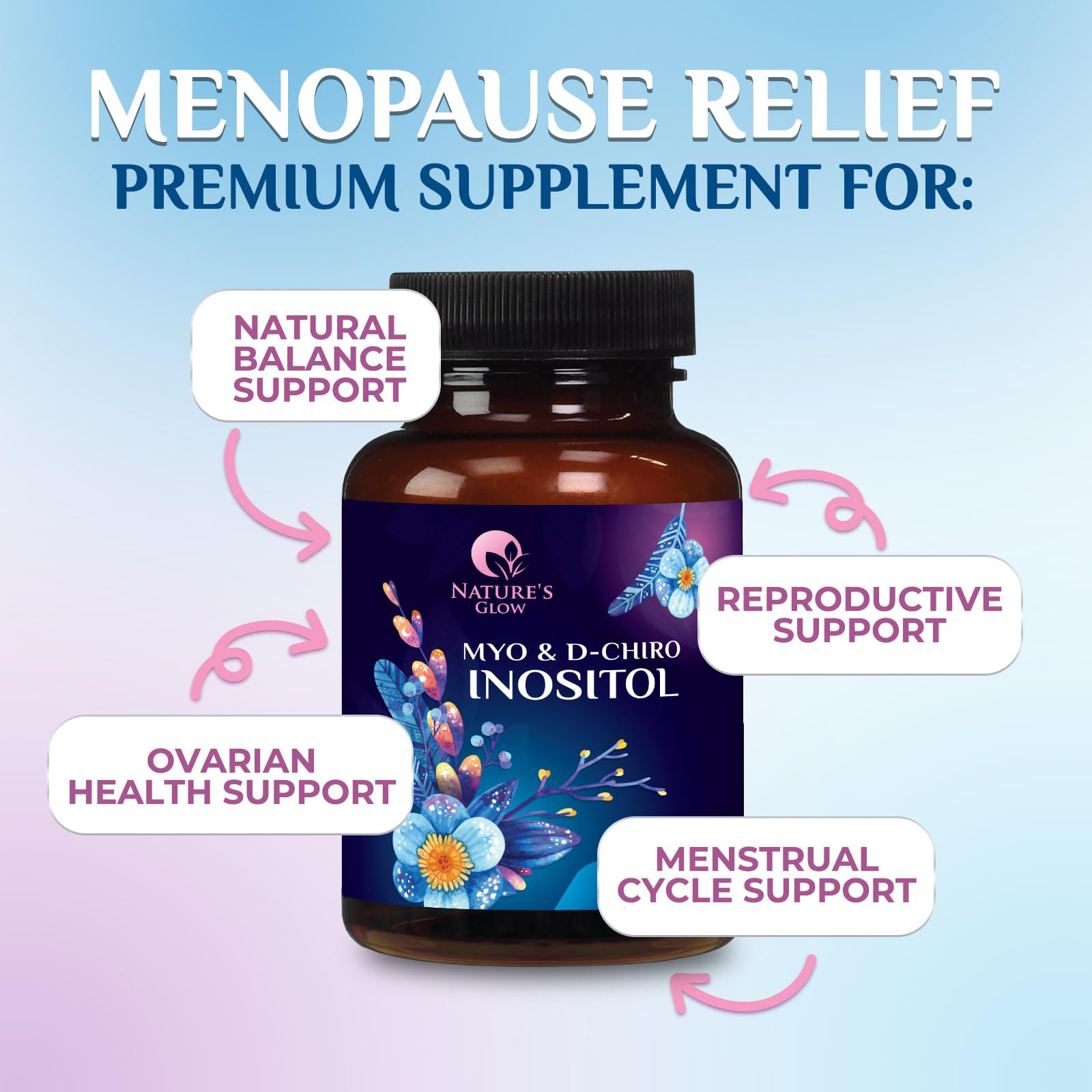 Back view of Nature's Glow hormonal balance supplement bottle