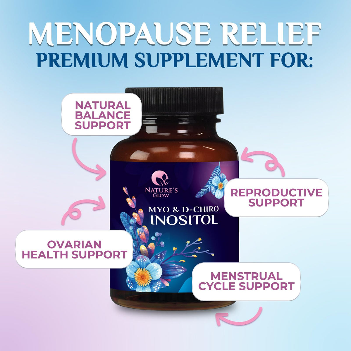 Back view of Nature's Glow hormonal balance supplement bottle