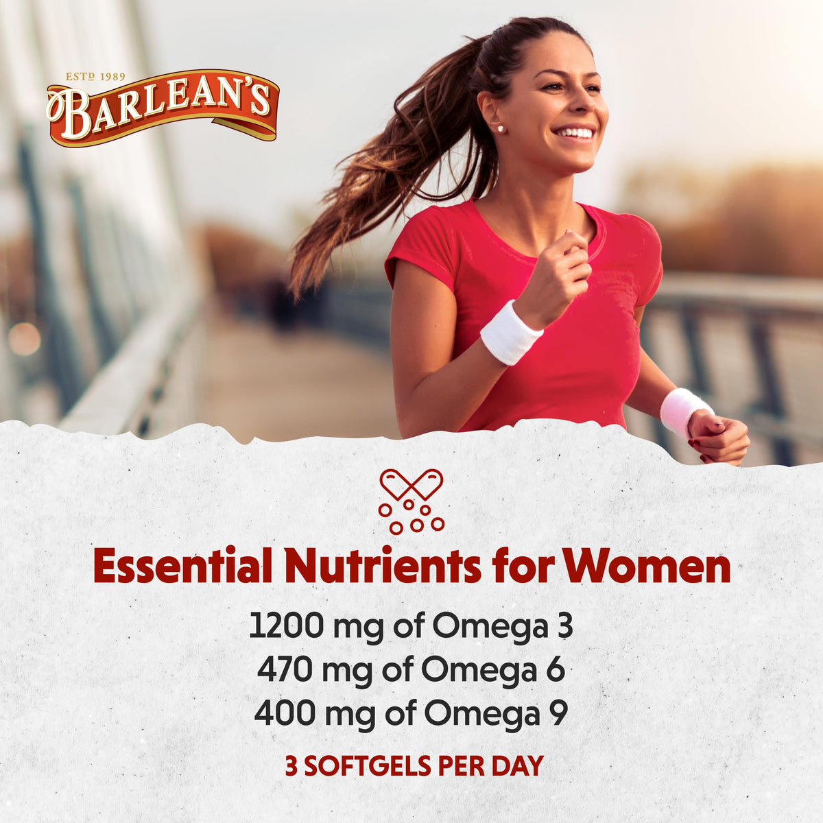 Barlean's Essential Woman bottle showing non-GMO and gluten-free seals