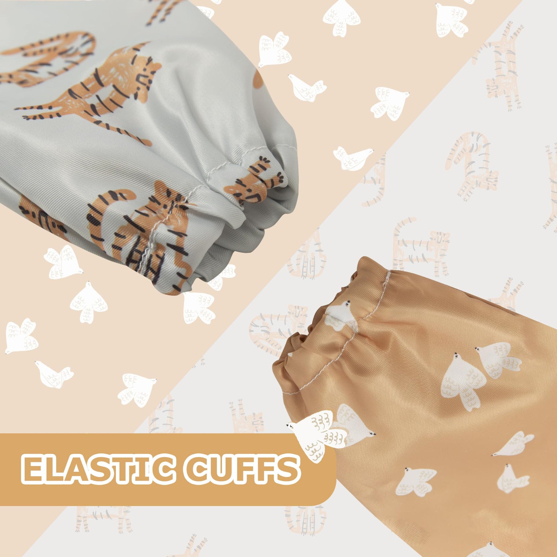 Waterproof toddler mess proof smock being adjusted via the secure neck strap closure.