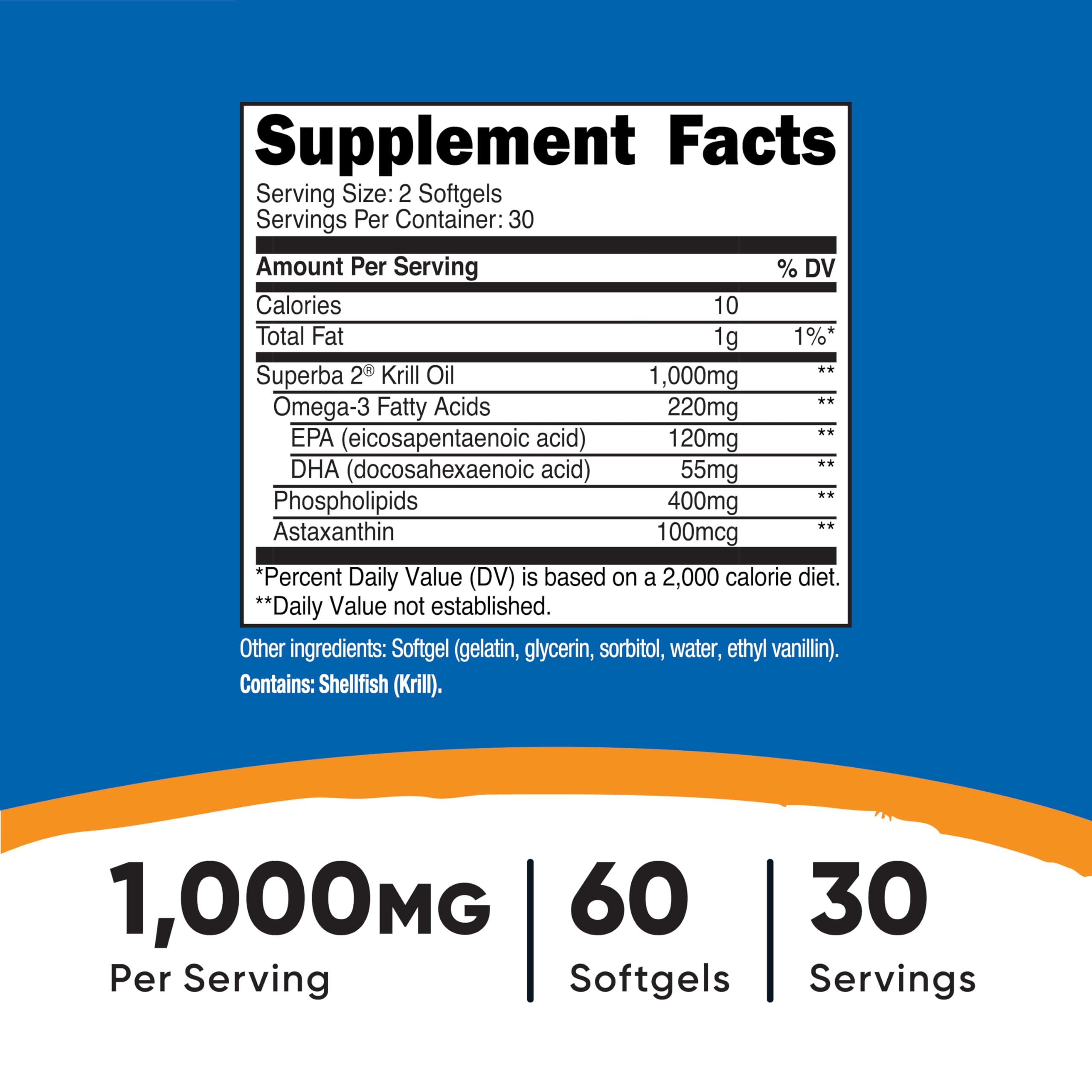 Nutricost Krill Oil supplement facts label showing omega-3 content