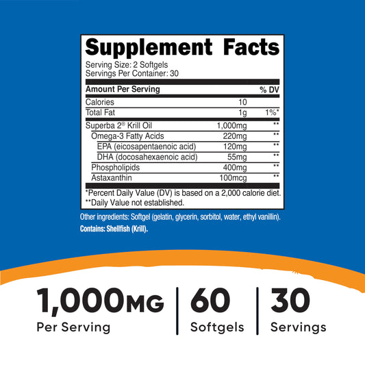 Nutricost Krill Oil supplement facts label showing omega-3 content