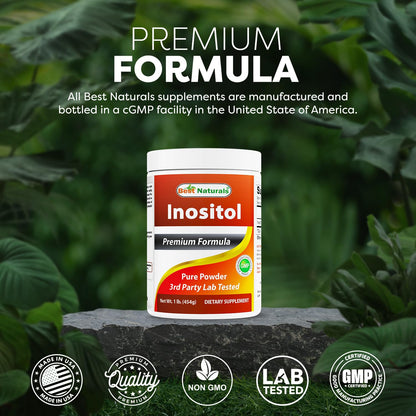 Close up of Best Naturals Inositol powder bottle