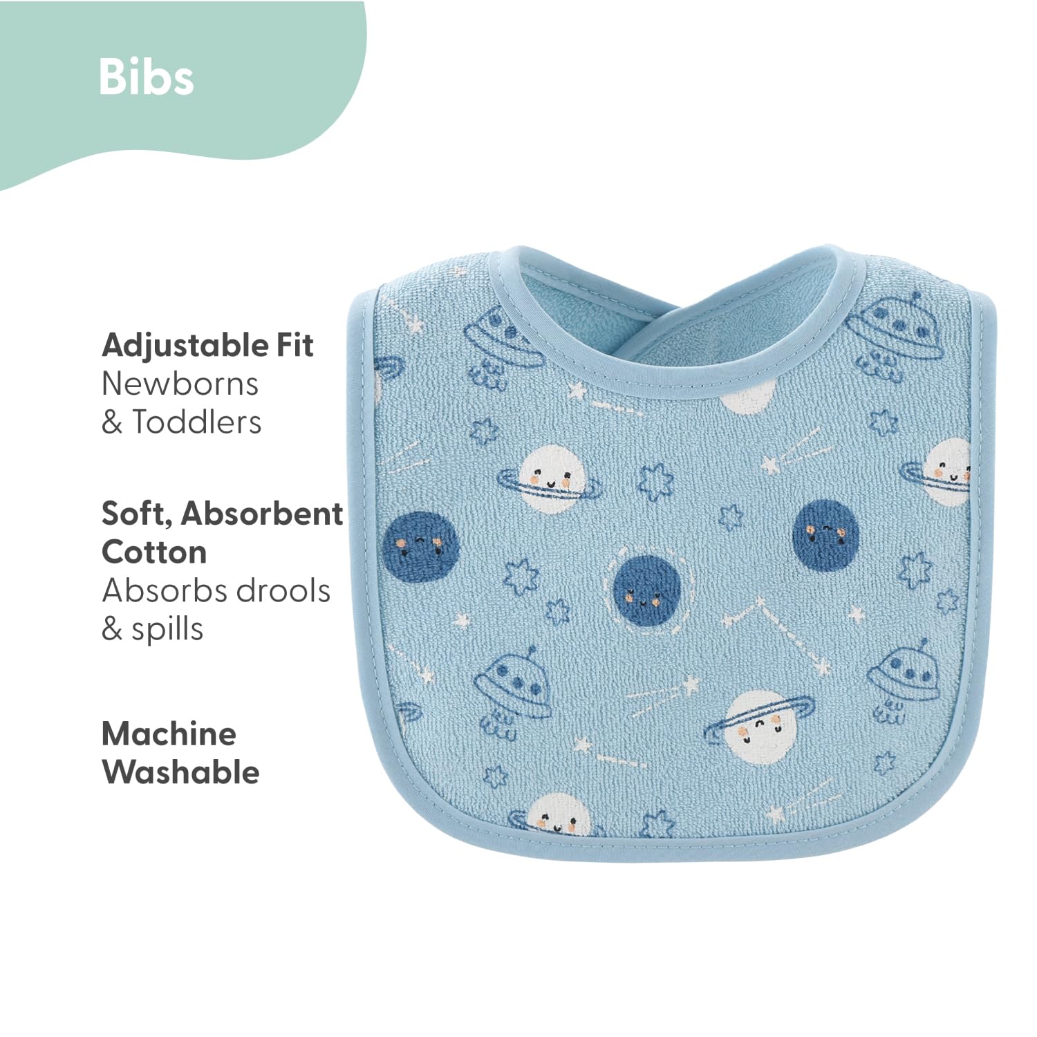 Close up view of the absorbent cotton terry backing fabric on the unisex infant bib set
