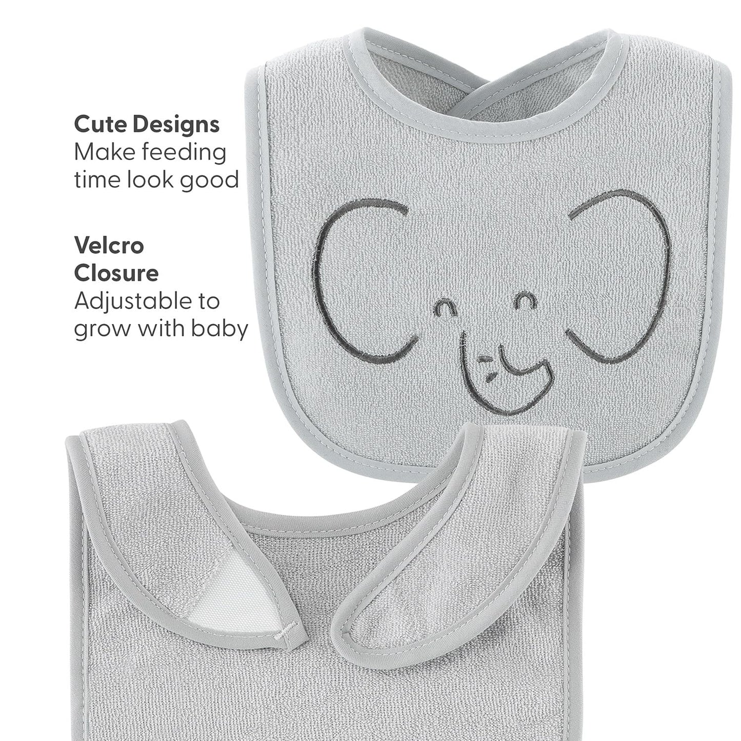 Adjustable hook and loop neckline closure detail on the imported newborn feeding bib