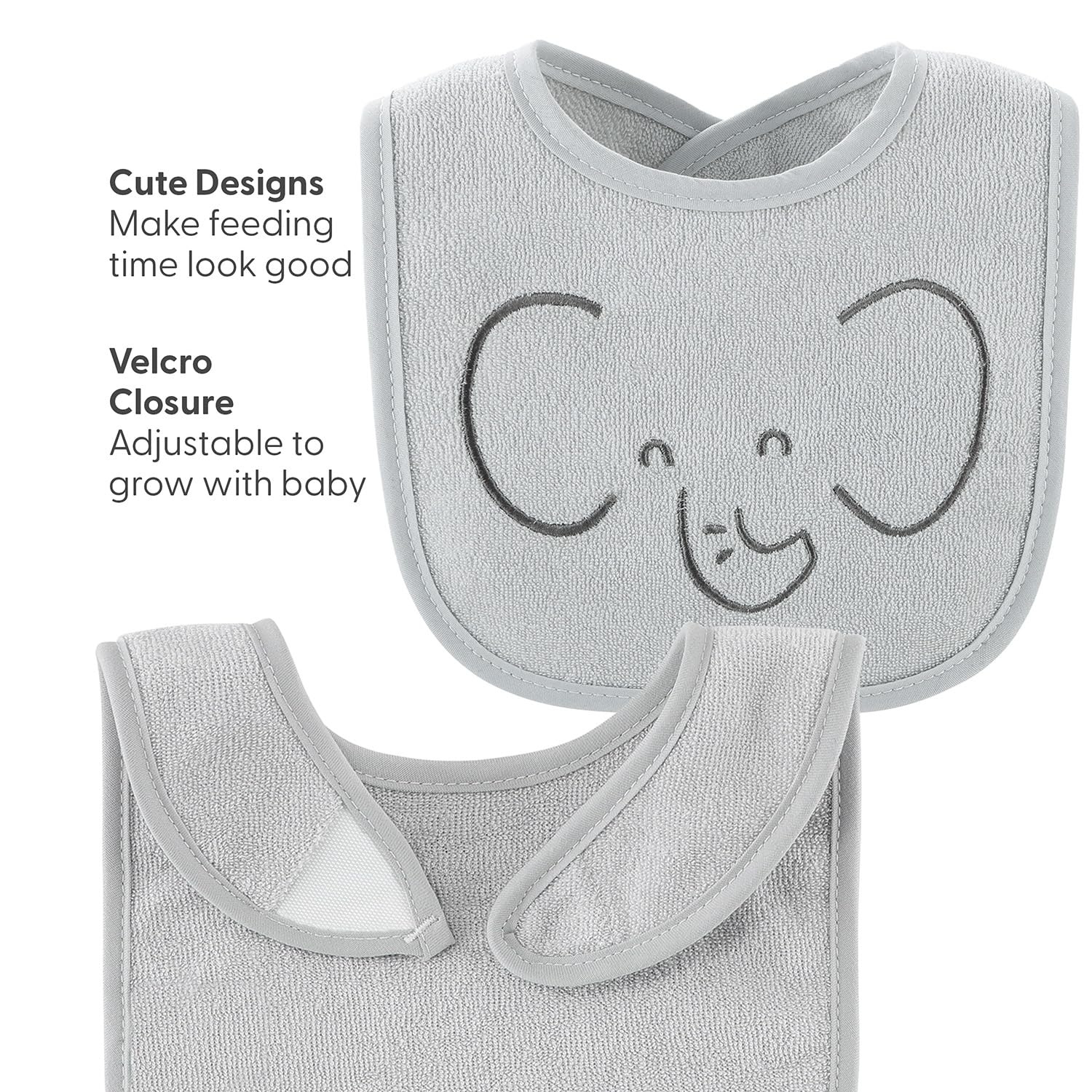 Adjustable hook and loop neckline closure detail on the imported newborn feeding bib
