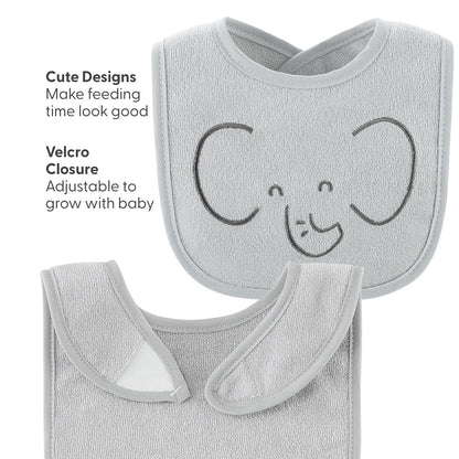 Adjustable hook and loop neckline closure detail on the imported newborn feeding bib