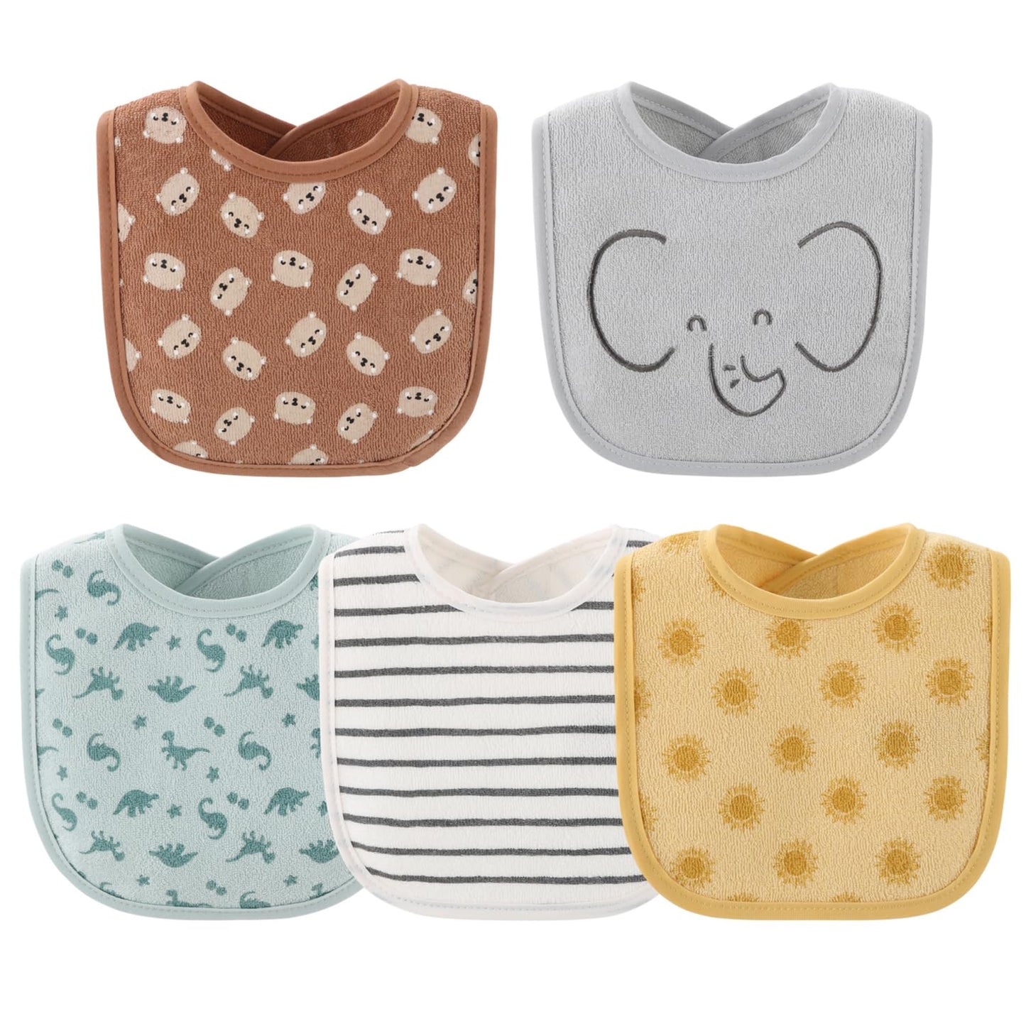 Ten piece collection of gender neutral teething bibs arranged neatly to showcase neutral color palette