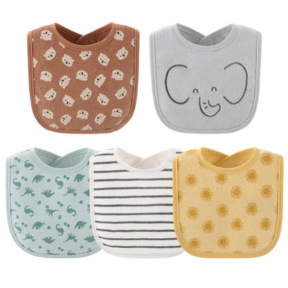 Ten piece collection of gender neutral teething bibs arranged neatly to showcase neutral color palette