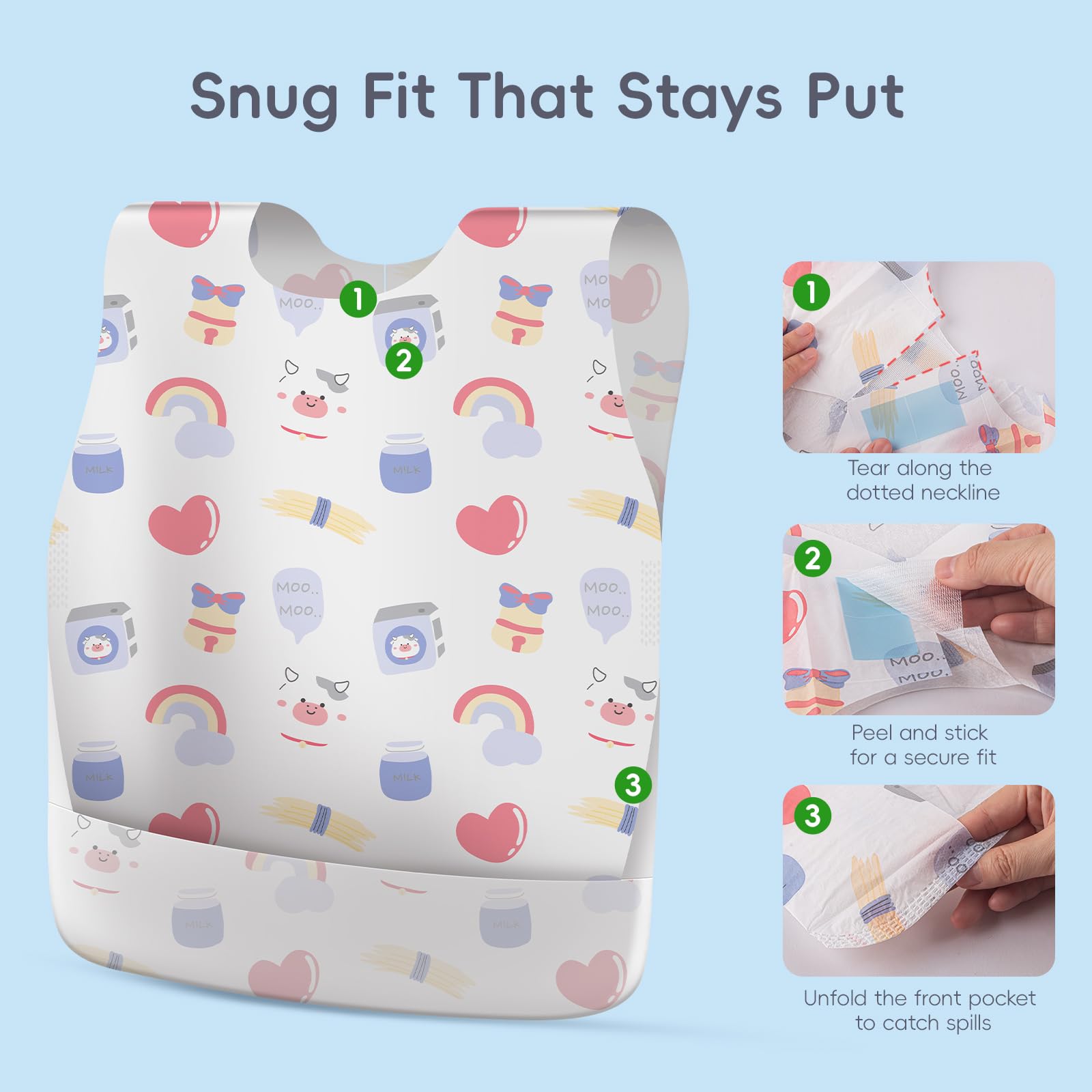 KIIS waterproof baby smock bibs showing triple layer leakproof protection against food spills.