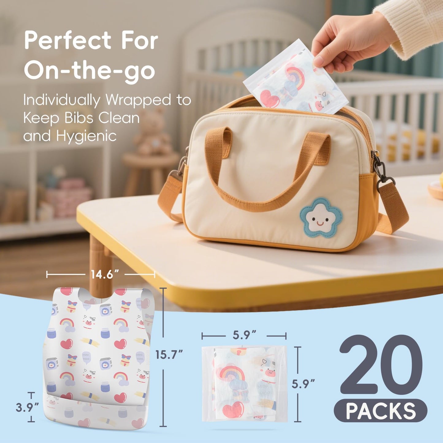 KIIS toddler apron bibs demonstrating extra large coverage for mess free meals and painting.