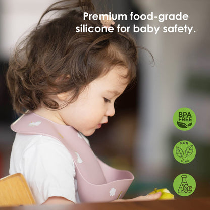 ROCCED waterproof silicone baby bib with open food catcher pocket closeup