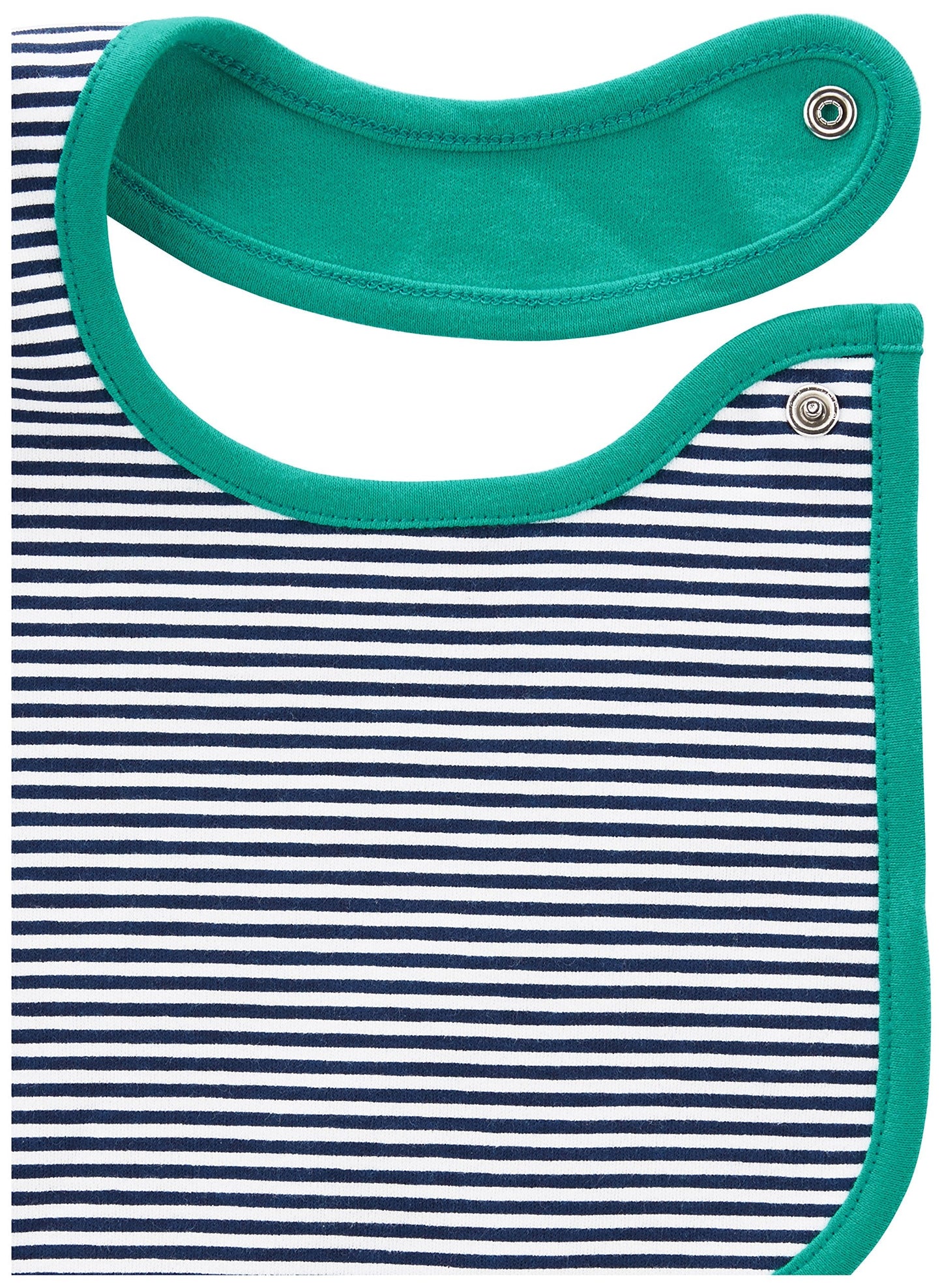 Close-up of the secure side snap button closure on a blue cotton teething bib