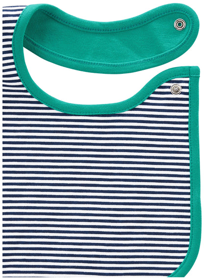 Close-up of the secure side snap button closure on a blue cotton teething bib