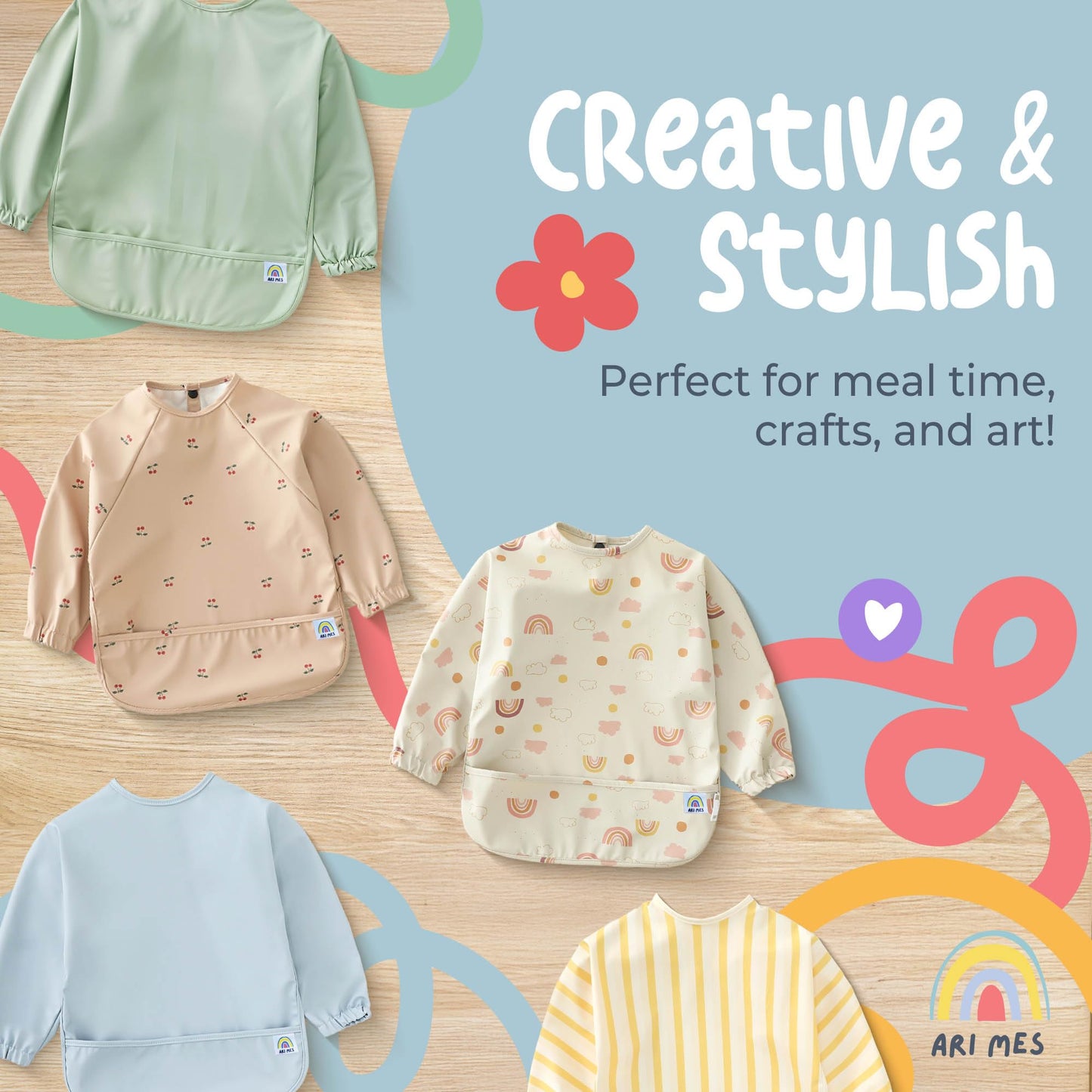 ARI MES wearable coverall baby bib highlighting the secure back closure buttons
