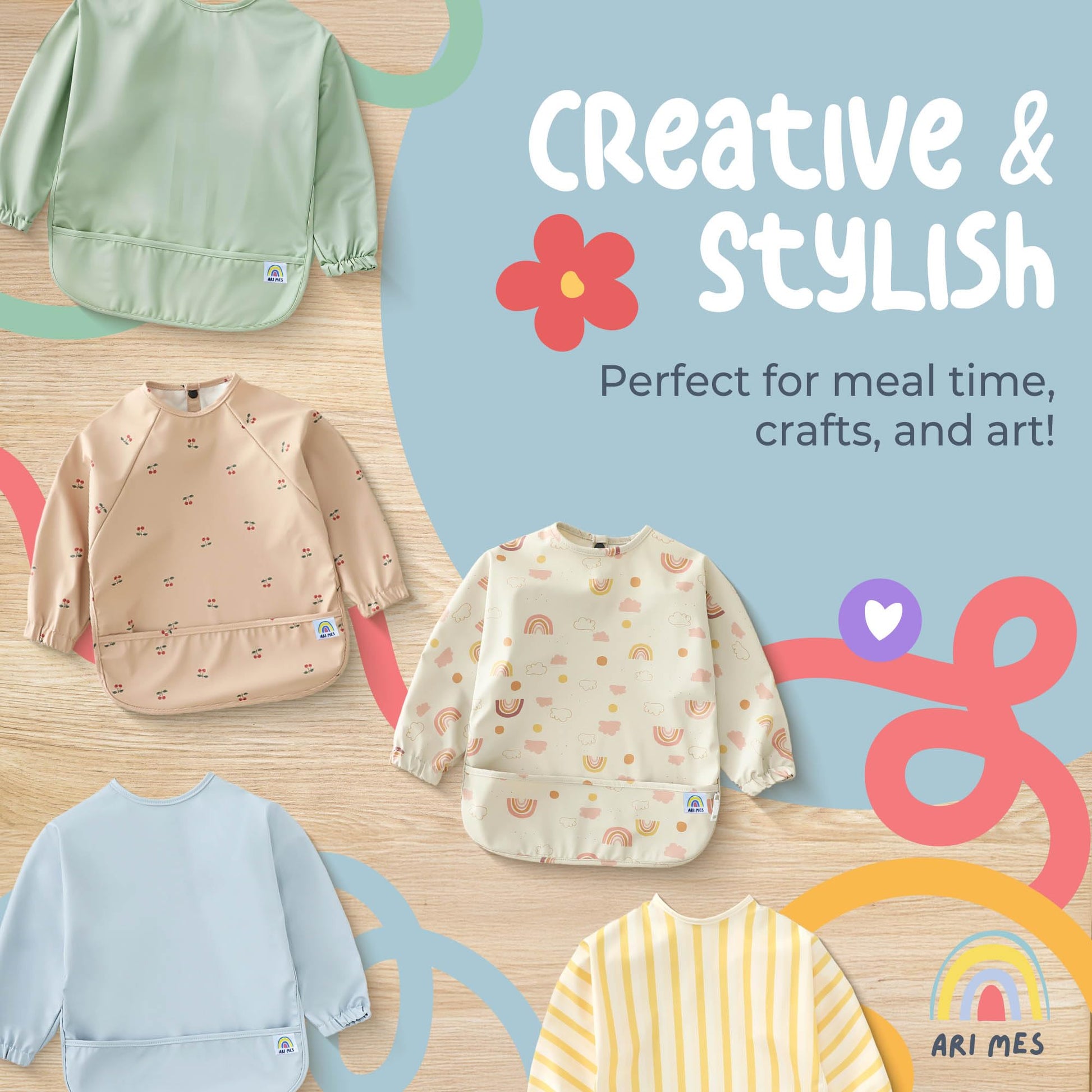 ARI MES wearable coverall baby bib highlighting the secure back closure buttons